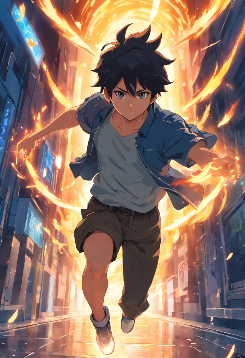 (best quality)), ((masterpiece)), (detailed), male thief, masked, dark fighting clothes, running fast, escaping through the solar fiery portal of the sun, calm blue aura, with Natsu's hair style, black hair