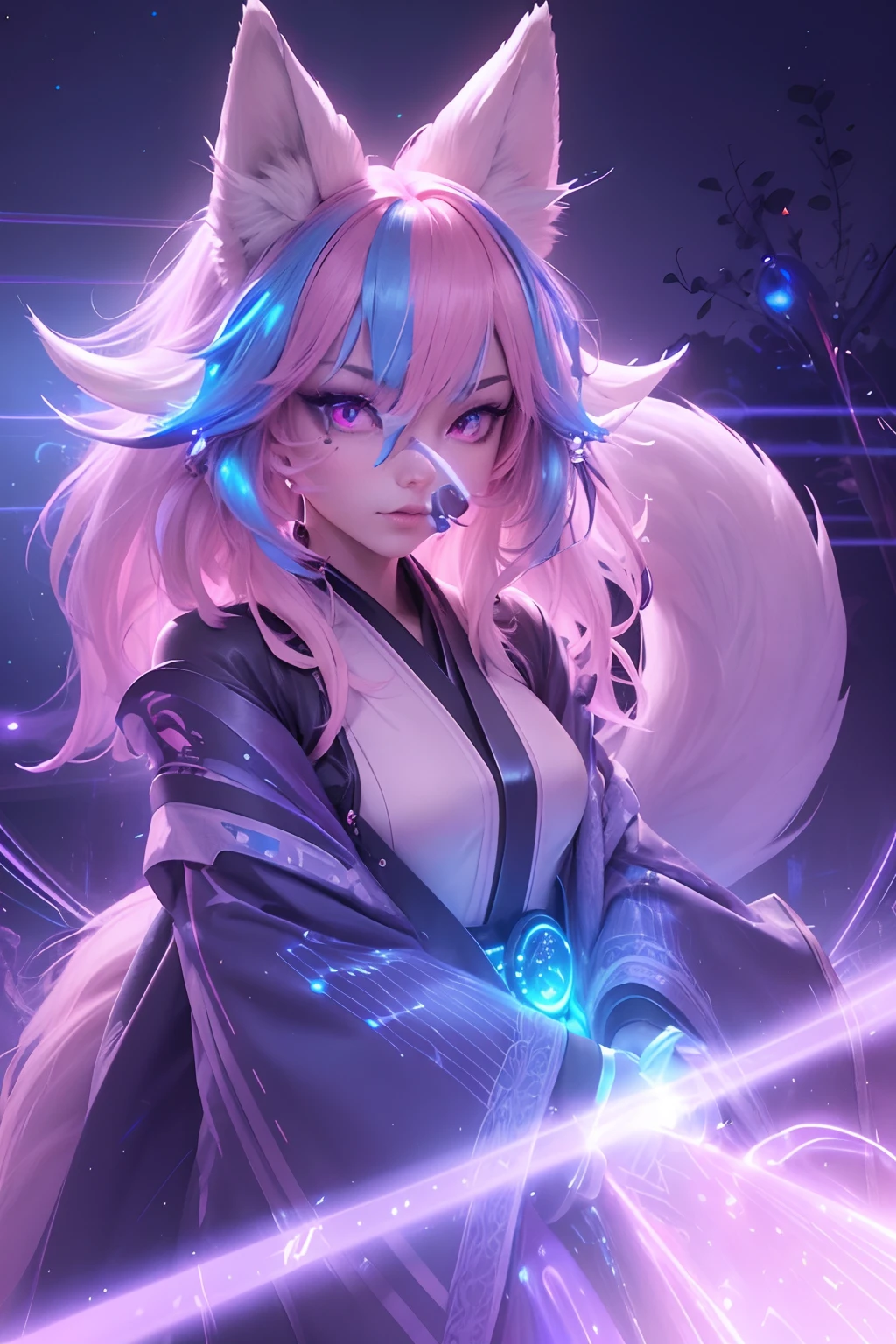 (Detailed seductive or cunning face with detailed pink eyes) long blue hair with pink highlights, blue fluffy fur, long hair, blue furry fox ears, she has three pink fluffy fox tails, three flowing fox tails, three tailed kitsune,sci-fi theme,neon lights,futuristic colors, wearing a traditional kimono, dark background,glimmering eyes,ethereal beauty,otherworldly atmosphere,technological enhancements,bioluminescent effect,sleek and stylish kimono, long pink & blue nails, mysterious aura,night cityscape,sleek and streamlined design,advanced cybernetics,glowing symbols,android-like features,artificial intelligence integration,hovering elements,luminous patterns,illuminated pathways,hovering platforms,high-tech weaponry,reflective surfaces,holographic projections,intense energy,electric blue & blue accents,nocturnal setting,wireframe overlays,cosmic energy,interstellar travels,unconventional proportions,future-oriented technology,lucid dreamlike scenery,extraterrestrial markings,hovering vehicles,futuristic architecture,advanced engineering designs, full image from head to feet,