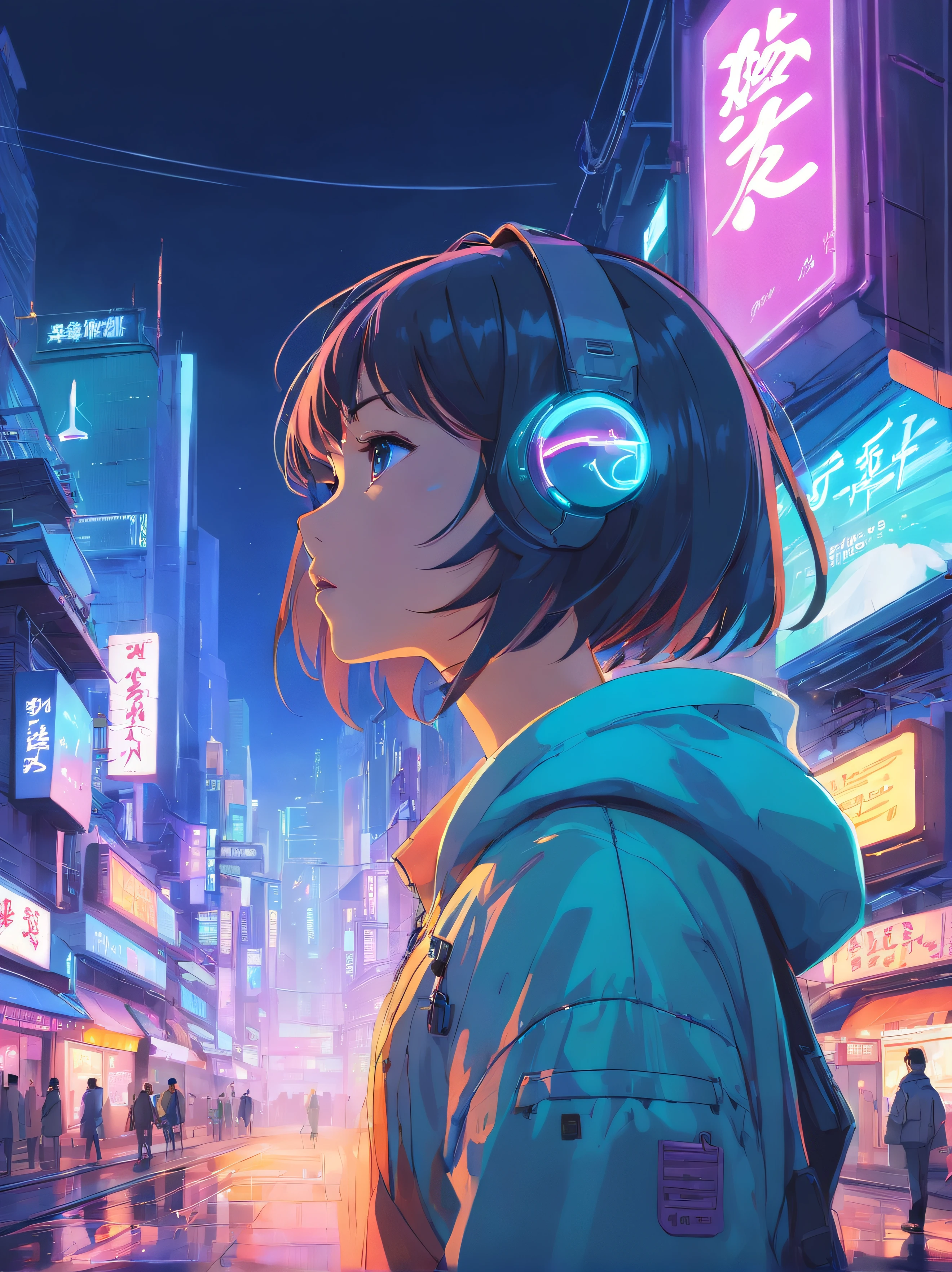 "Cyberpunk-inspired immersion, A world of neon lights, Be mesmerized by the surreal spectacle of planets dominating the skies, Full of captivating digital artistry."