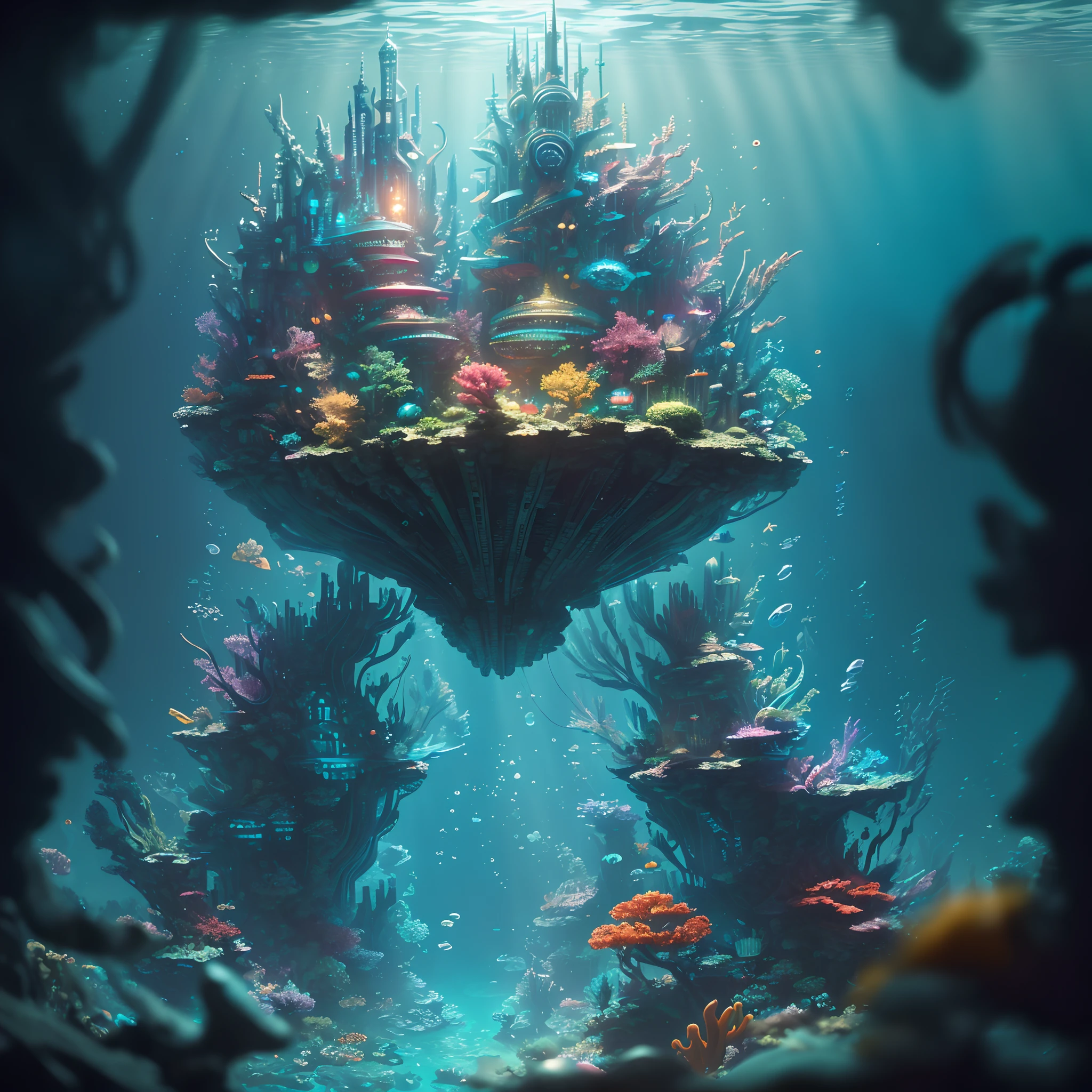 (Masterpiece), (extremly intricate:1.3), (Realistic), There is a large underwater futuristic wonderland,There are a lot of colorful fish inside, an underwater city, futuristic underwater metropolis, an underwater city, Underwater market, Colorful underwater creatures,Colorful tropical fish,light leaks,depth of fields,Amazing scenery,deep sea cyberpunk, cyberpunk atlantis, Stylized urban fantasy artwork, underwater environment, , Dramatic, Award-Awarded, Cinematic lighting, volumetrics dtx, (filmgrain, The background is blurred out, Bokeh, Depth of field, Motion blur:1.3),Art germ, Broken glass, ((bubbly underwater scenery)) ,Radiant light octane rendering is highly detailed