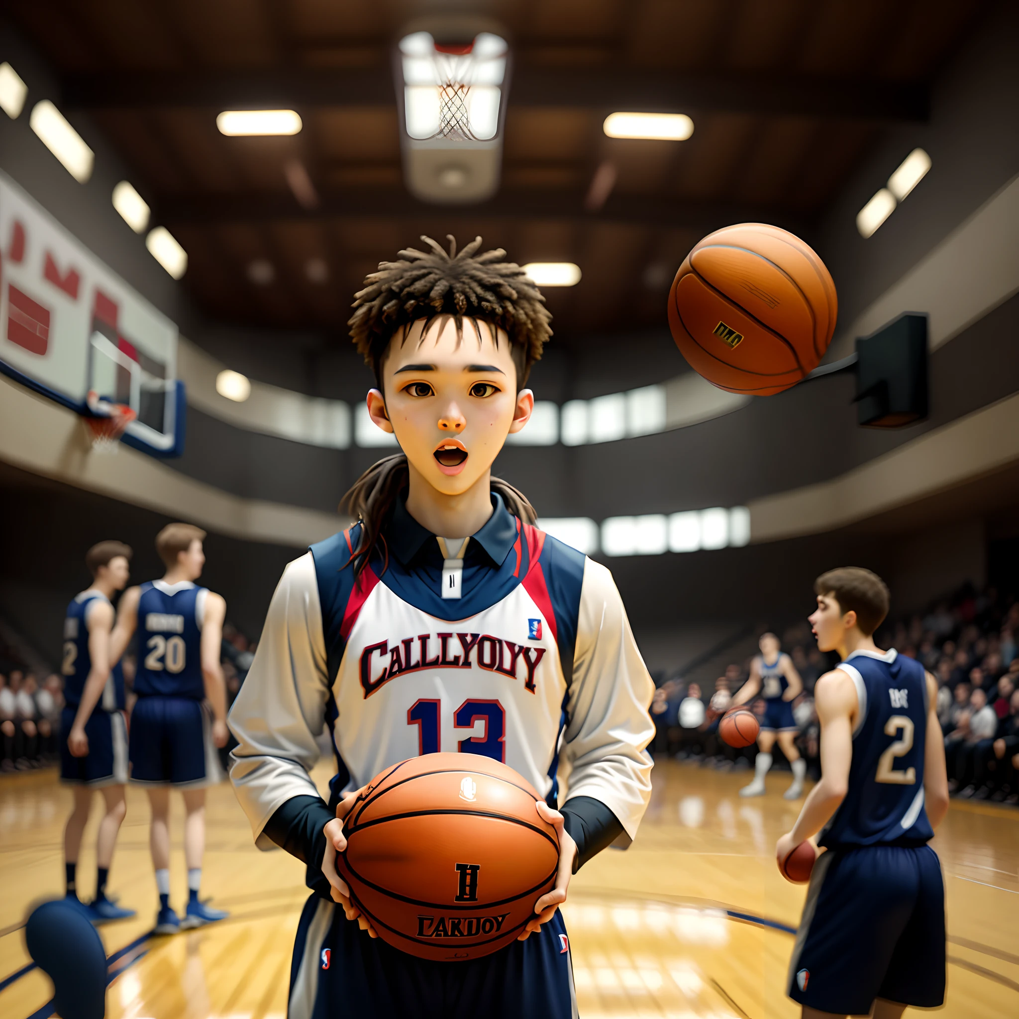 Create a picture of a boy playing basketball for me to put on my sports app at dimensions 690 by 460