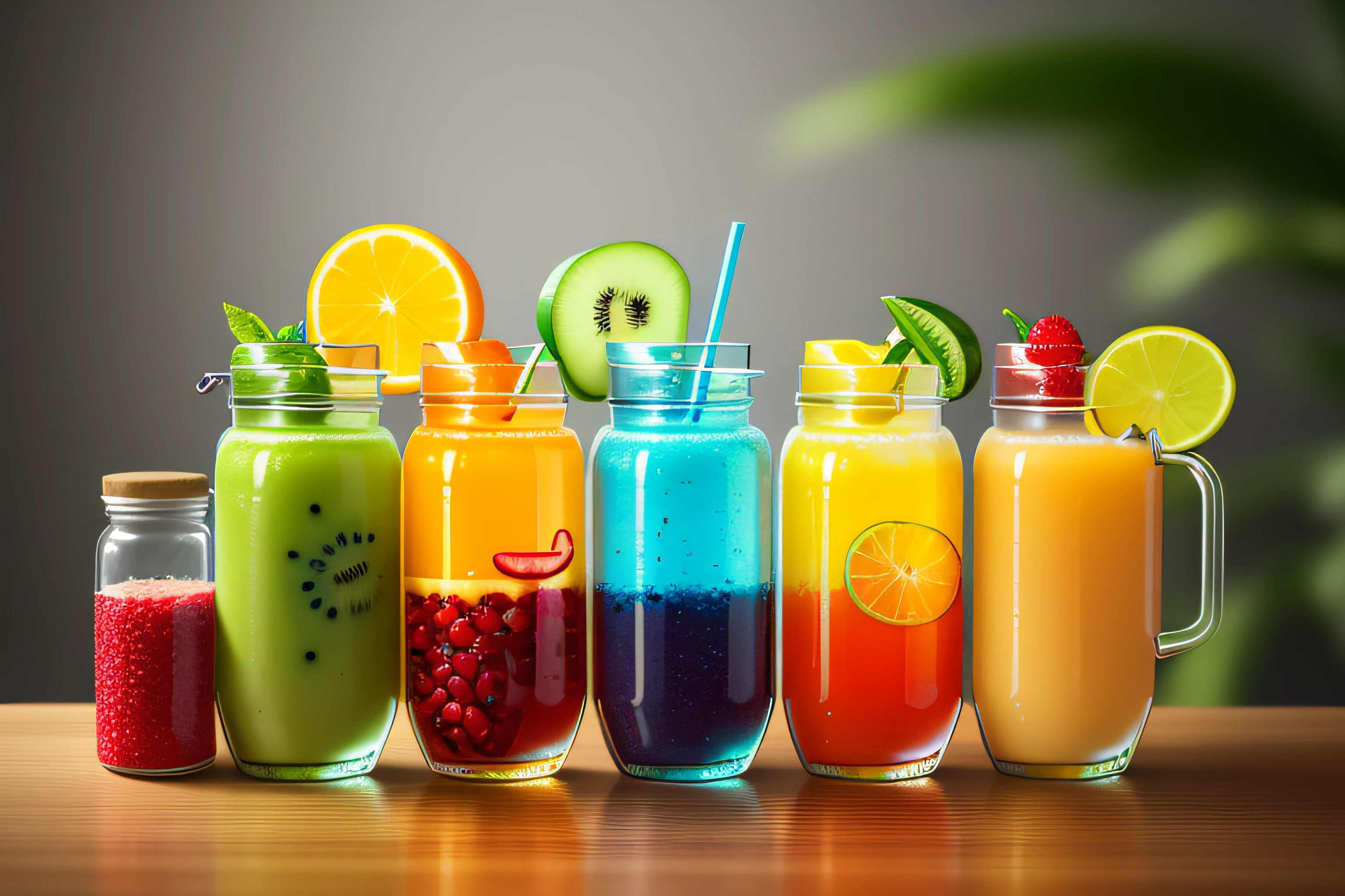 (Masterpiece: 1.2), (Best Quality: 1.2), Various types of sealed glass jars, fruits, juices, cocktails and teas, colorful, well organized, neatly arranged, tropical blurred background, HD, Masterpiece, Super Detail, (Best Quality, High Resolution), Ultra HD, 32K, cgStation Pop