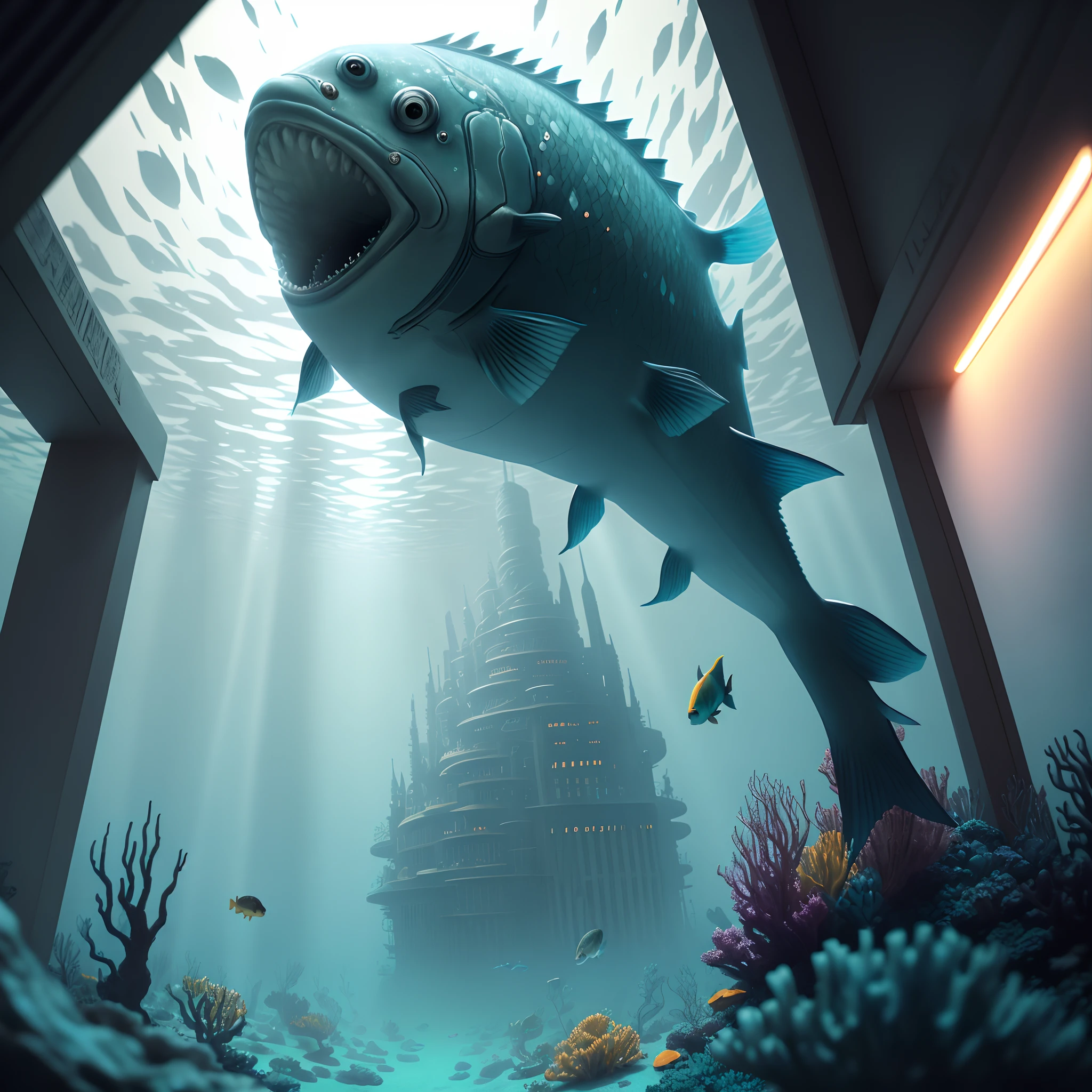 (Masterpiece), (extremly intricate:1.3), (Realistic), There is a large underwater futuristic wonderland,There are a lot of colorful fish inside, an underwater city, futuristic underwater metropolis, an underwater city, Underwater market, Colorful underwater creatures,Colorful tropical fish,light leaks,depth of fields,Amazing scenery,deep sea cyberpunk, cyberpunk atlantis, Stylized urban fantasy artwork, underwater environment, , Dramatic, Award-Awarded, Cinematic lighting, volumetrics dtx, (filmgrain, The background is blurred out, Bokeh, Depth of field, Motion blur:1.3),Art germ, Broken glass, ((bubbly underwater scenery)) ,Radiant light octane rendering is highly detailed