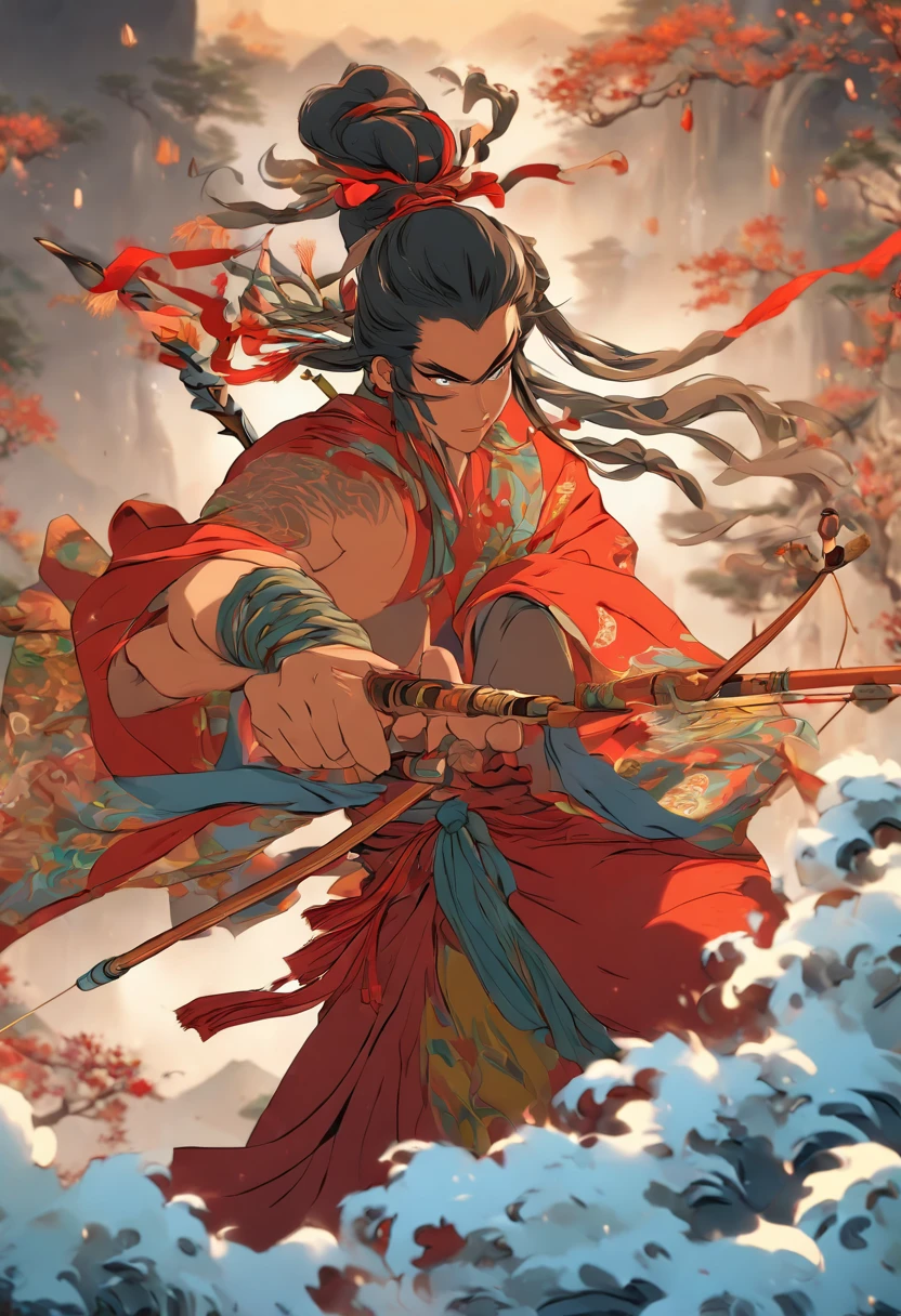 best quality, male, teenage, fair skin, barefoot, bare shoulder, bare legs, earrings in ears, ankle rings, ancient Chinese style, long hair, a teenager standing on a mountain dancing with a folding fan in his hand
