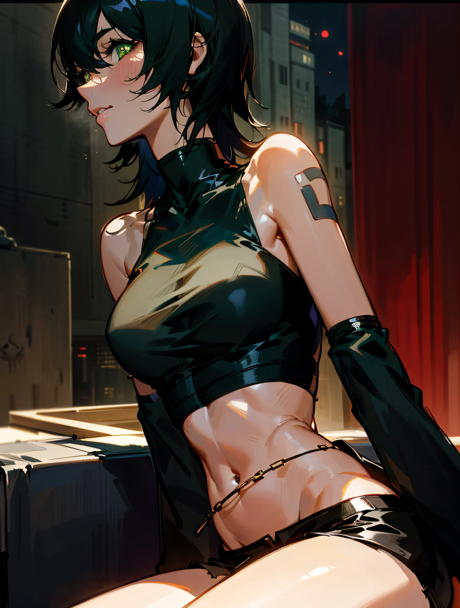 a drawing of a woman with short hair and a black top, anime girl with short hair, short hair, black hair, bangs, hair between eyes, (((green eyes))), ((looking to the side)), longeyelashes, (((good face, good eyes, beautiful face, good mouth, good nose, glowing eyes))), (((stomach, nice belly, thin, skinny, ribs, nice navel))), ((ribs)), (((perfect anatomy))), ((anime girl, anime)), detailed background, highres, official art, (masterpiece, best quality, absurdres), ((1girl, solo)), solo focus, ((extreme detail)), (ultra-detailed), black top, crop top, detached sleeves, black sleeves, bare shoulders, midriff, black shorts, short shorts, bare legs, thighhighs, sitting, outdoors, ((night, cityscape, buildings))