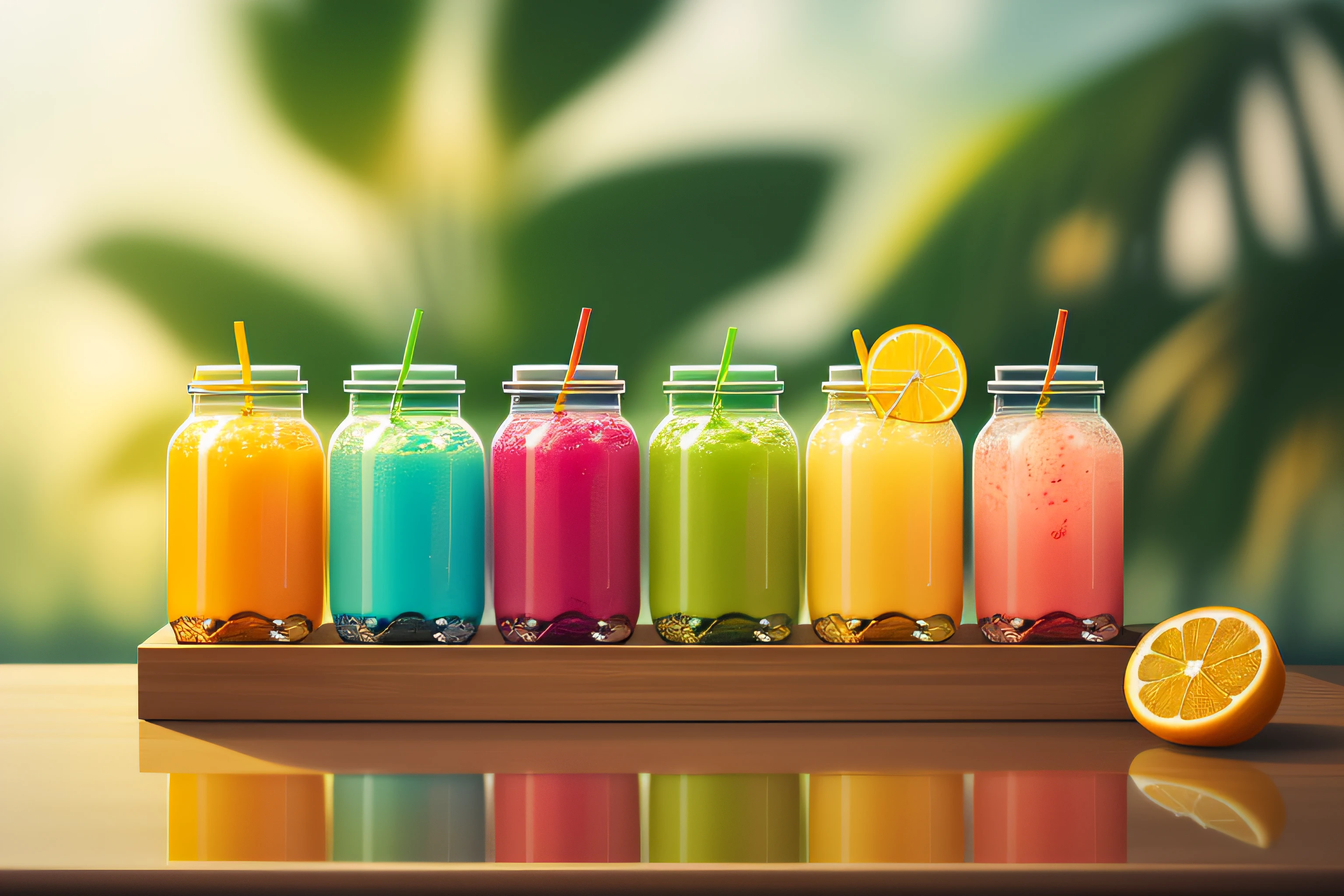 (Masterpiece: 1.2), (Best Quality: 1.2), Various types of sealed glass jars, fruits, juices, cocktails and teas, colorful, well organized, neatly arranged, tropical blurred background, HD, Masterpiece, Super Detail, (Best Quality, High Resolution), Ultra HD, 32K, cgStation Pop