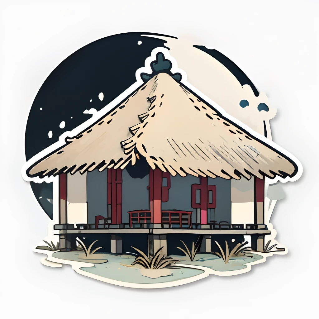 1 sticker, (stickers, chinese thatched house), watercolor, white background, simple background, minimal, tiny, pastel color, vector style, no gradient,