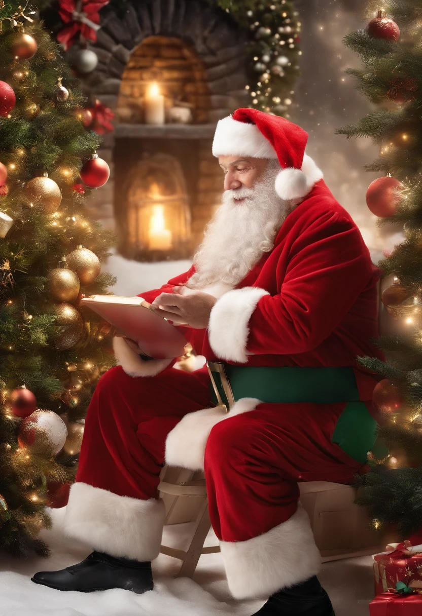Por favor, create an image that represents a Christmas promotion campaign with the theme 'Santa Claus in the Enchanted Garden'. The design should include the following features:
Fundo: Um jardim encantado europeu coberto de neve, com luzes decoradas, Decorated trees and christmas elements, como renas e guirlandas.
Papai Noel: O Papai Noel deve ser o foco central da imagem. Ele pode ser agendado entregando presentes, interacting with children or on their magic train.
Awards: Devem haver 10 vale-compras de mil reais representados na imagem, oferecidos de forma atraente.
Nuclei: Use Traditional Christmas Cores, como vermelho, verde e dourado, para criar uma atmosfera festiva.
Graphic Elements: Integrate European graphics, como castelos, pontes, towers or other special elements characteristic of the continent.
Por favor, generate a high-quality image that conveys the magical and festive atmosphere of the Christmas campaign.