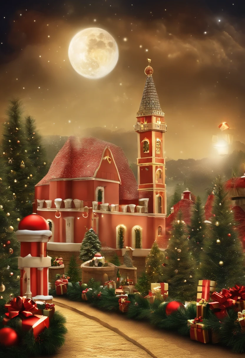 Por favor, create an image that represents a Christmas promotion campaign with the theme 'Santa Claus in the Enchanted Garden'. The design should include the following features:
Fundo: Um jardim encantado europeu coberto de neve, com luzes decoradas, Decorated trees and christmas elements, como renas e guirlandas.
Papai Noel: O Papai Noel deve ser o foco central da imagem. Ele pode ser agendado entregando presentes, interacting with children or on their magic train.
Awards: Devem haver 10 vale-compras de mil reais representados na imagem, oferecidos de forma atraente.
Nuclei: Use Traditional Christmas Cores, como vermelho, verde e dourado, para criar uma atmosfera festiva.
Graphic Elements: Integrate European graphics, como castelos, pontes, towers or other special elements characteristic of the continent.
Por favor, generate a high-quality image that conveys the magical and festive atmosphere of the Christmas campaign.