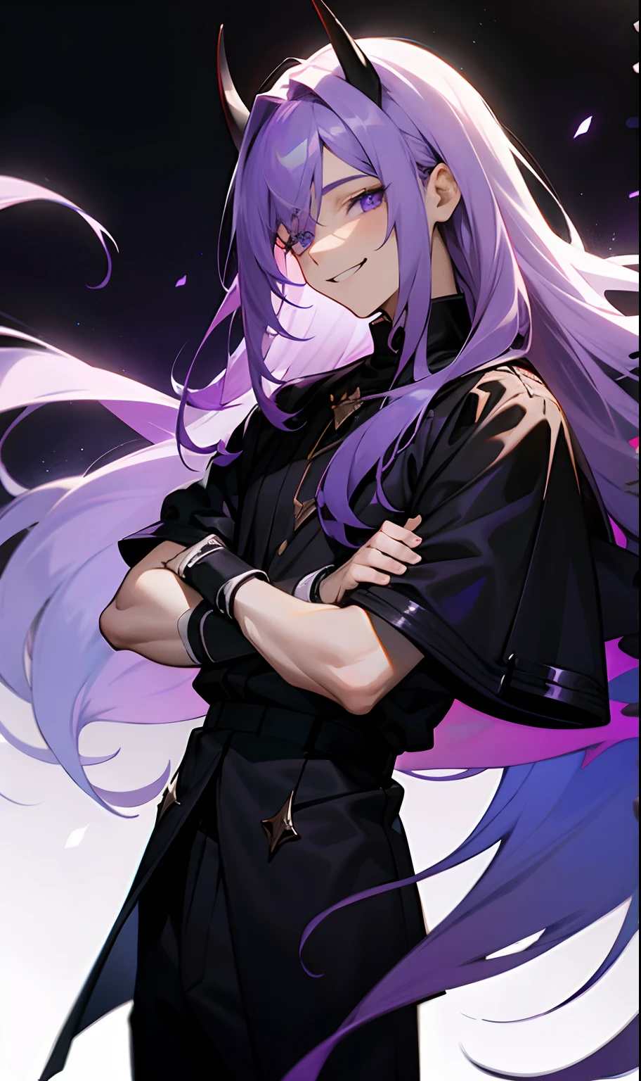 20 year old boy with long purple hair wearing a black outfit with white with darkness on his left arm and purple horns on his head smiling
