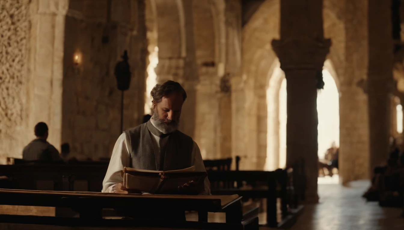 A man reading a scroll in the temple in Jerusalem, no reinado do rei erodes, um templo simples, The Jewish people are there to listen to the reading, a luz entra em raios de sol por uma claraboia. a velas iluminando o ambiente. the man is old.