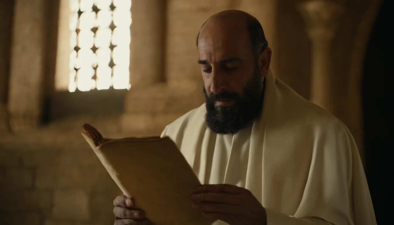 A man reading a scroll in the temple in Jerusalem, no reinado do rei erodes, um templo simples, The Jewish people are there to listen to the reading, a luz entra em raios de sol por uma claraboia. a velas iluminando o ambiente. the man is old.