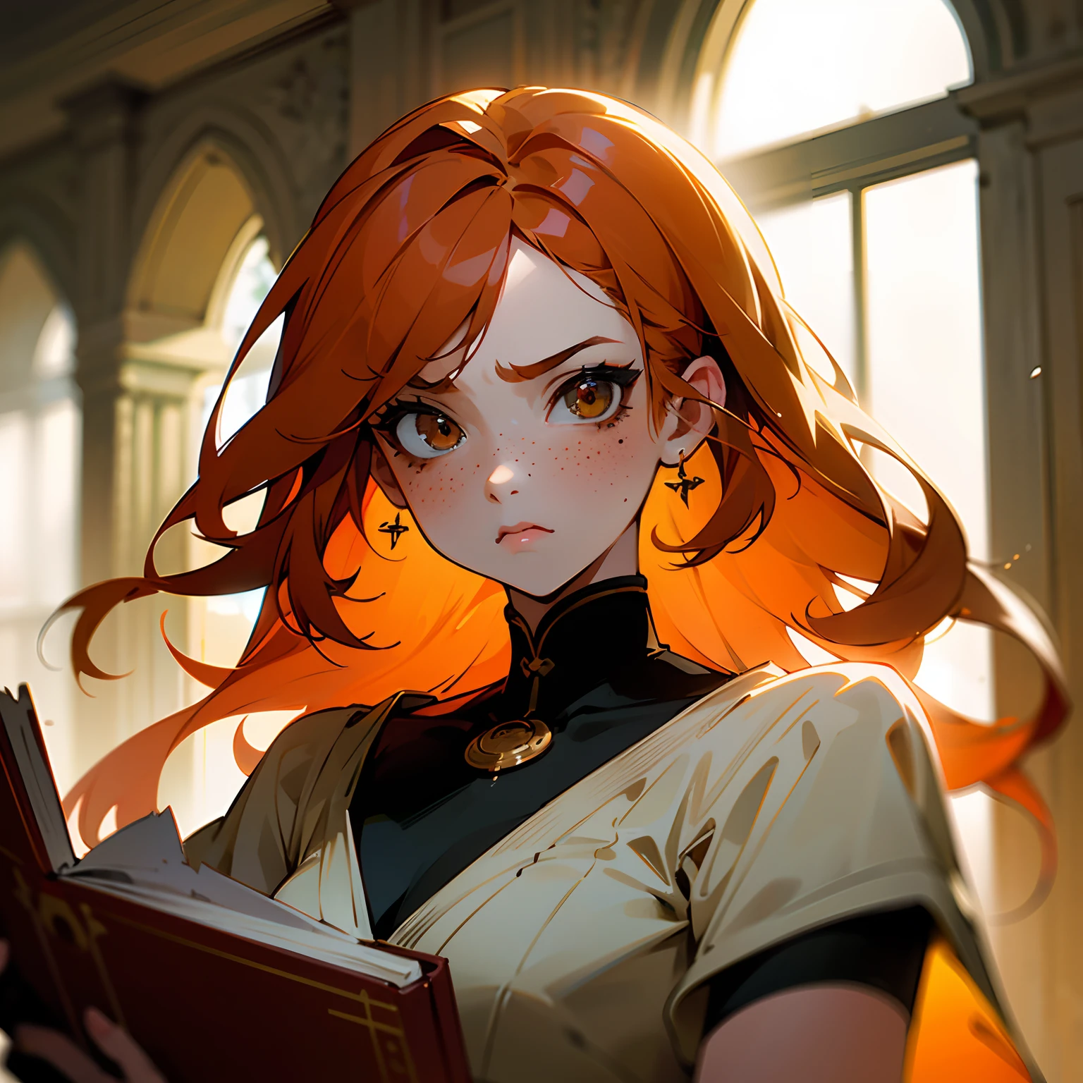 (best quality,4k,8k,highres,masterpiece:1.2), good composition, ultra-detailed,anime styled, beautiful, waifu, portrait, deep eyes,landscape,soft focus, long orange hair, lightly damaged but vibrant, deep black eyes, light freckles, eclectic bohemian clothes, bedroom, angry, Intense Expression, pouting, pout, creative atmosphere, mystery, thought-provoking, books