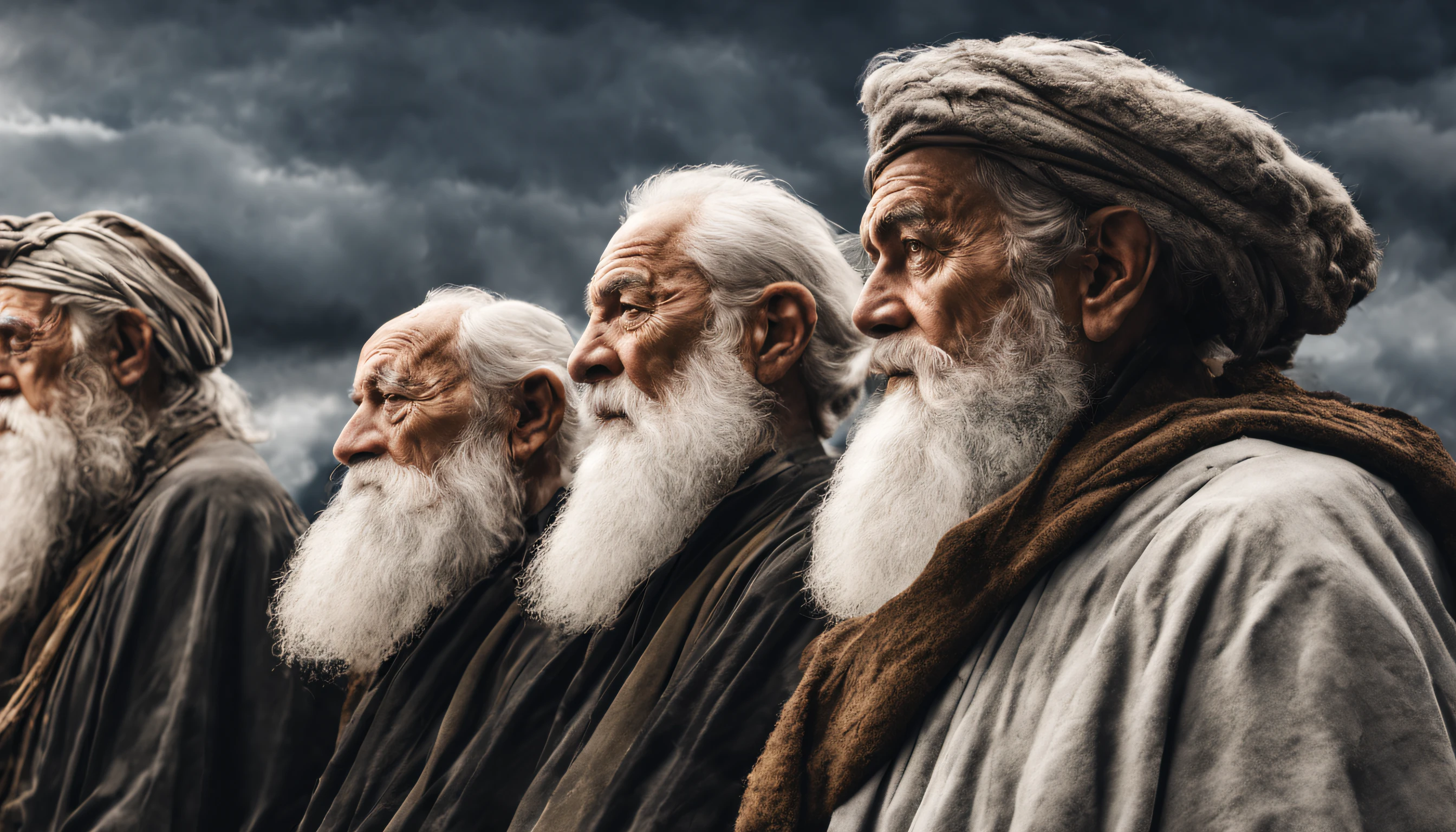 3 prophets Old men, long white beard, in profile, dark landscape, biblicalphotorealistic, 8k, super detail, accurate, best quality.