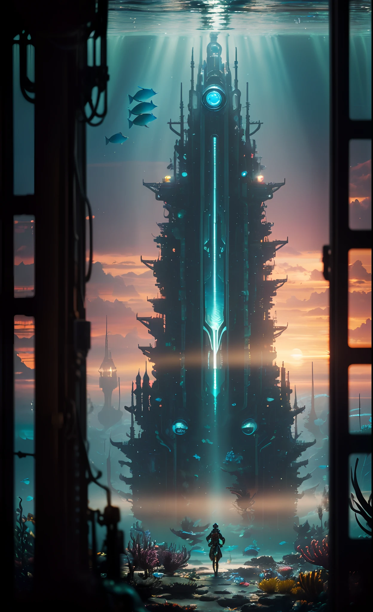 (Masterpiece), (extremly intricate:1.3), (Realistic), There is a large underwater futuristic wonderland，There are a lot of colorful fish inside, an underwater city, futuristic underwater metropolis, an underwater city, Underwater market, Colorful underwater creatures，Colorful tropical fish，light  leaks，depth of fields，Amazing scenery，deep sea cyberpunk, cyberpunk atlantis, Stylized urban fantasy artwork, underwater environment, , Dramatic, Award-Awarded, Cinematic lighting, Octane rendering Unreal Engine,  volumetrics dtx, (filmgrain, The background is blurred out, blurryforeground, Bokeh, Depth of field, Sunset, Motion blur:1.3), chainmail