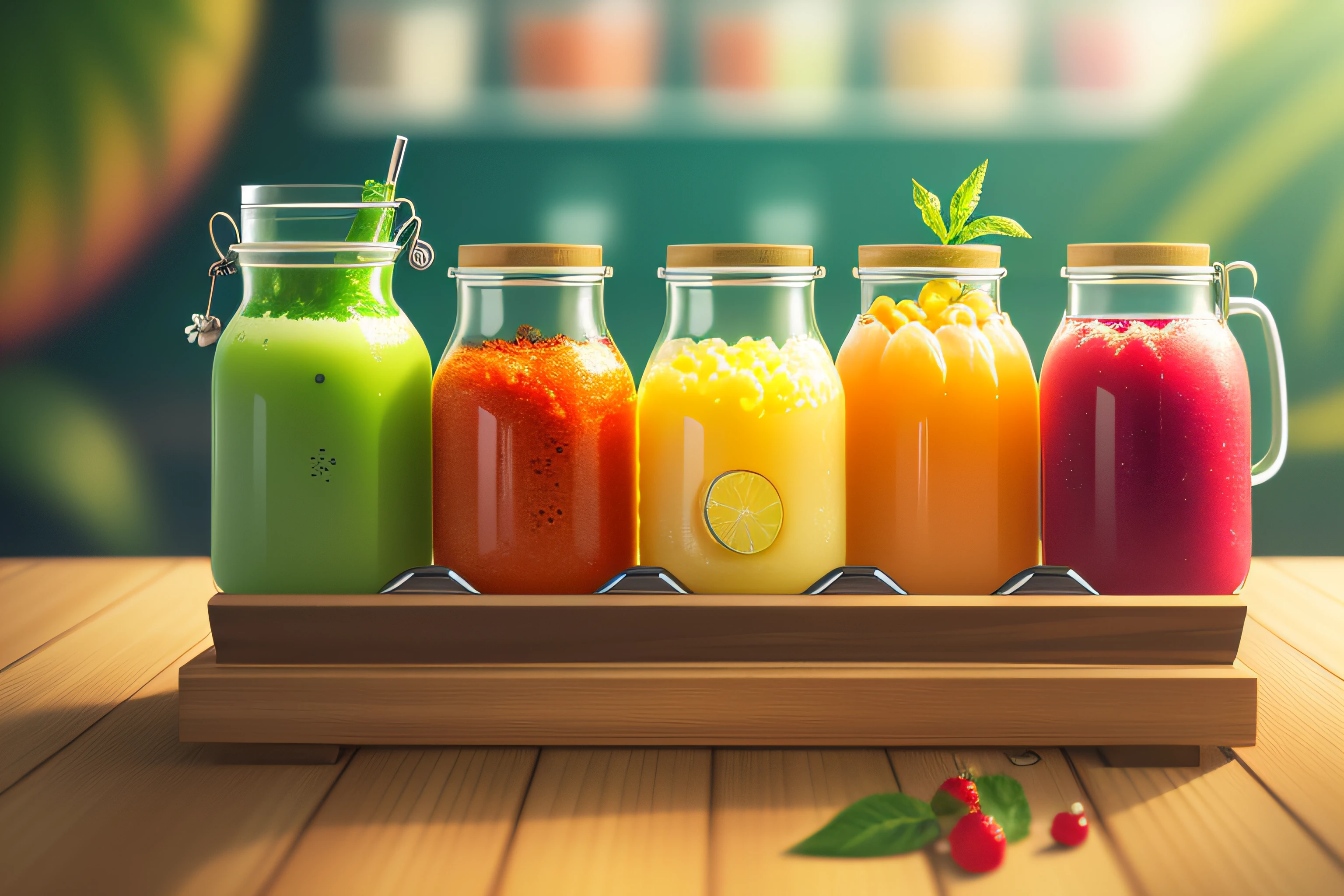 Various types of glass jars, fruits, juices, cocktails and teas, colorful, well organized, orderly, tropical blurred background, HD, Masterpiece, Super Detail, (Best Quality, High Resolution), Ultra HD, 32K, cgStation Pop