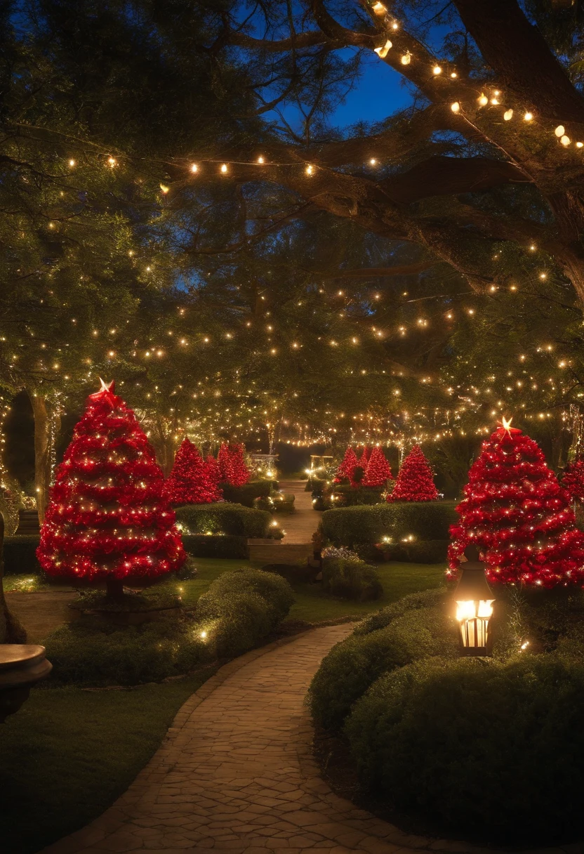 Por favor, crie uma imagem que um jardim encantado de natal, com luzes decoradas, Decorated trees and christmas elements, como renas e guirlandas.