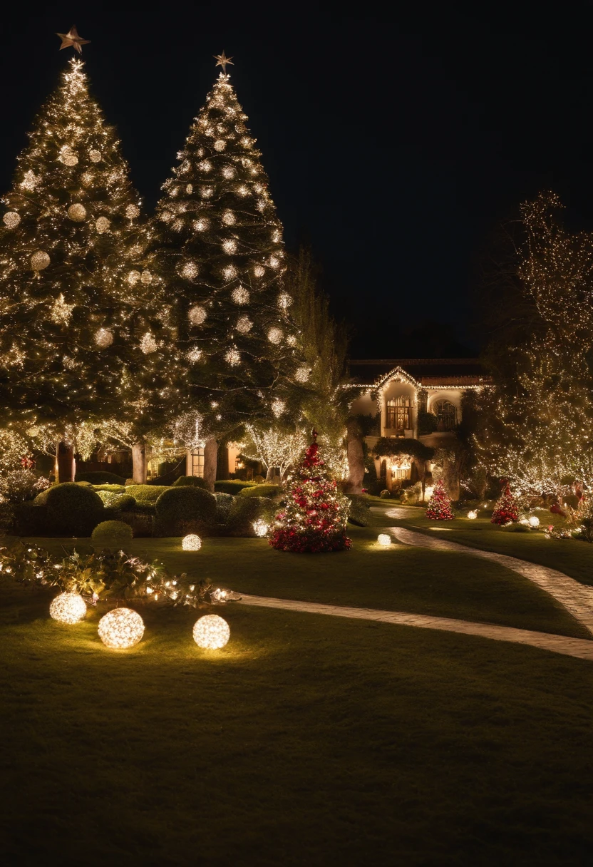 Por favor, crie uma imagem que um jardim encantado de natal, com luzes decoradas, Decorated trees and christmas elements, como renas e guirlandas.