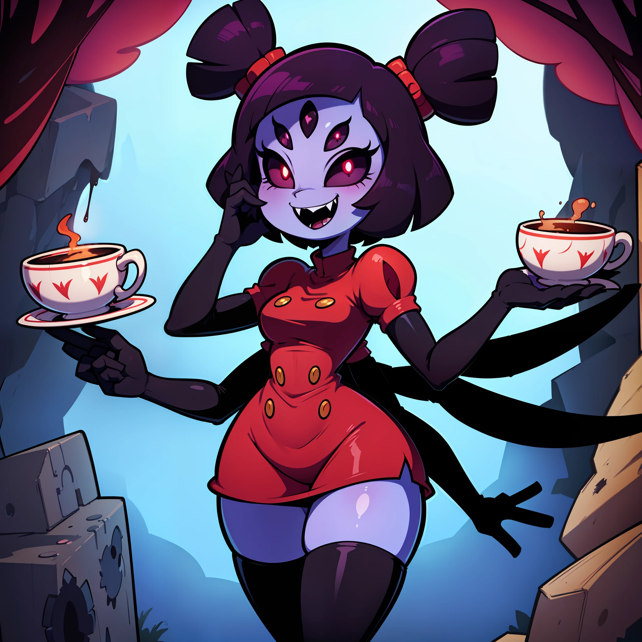 [muffet_(undertale)], [uploaded to e621.net; (napalm_express), (iseenudepeople)], ((masterpiece)), ((HD)), ((High definition)), ((detailed shading)), ((solo portrait)), ((full body)), ((front view)), ((beautiful render art)), ((monster girl)), {(spider girl); purple skin, glowing red eyes, 5 eyes, black hair, (2 hair buns), (6 arms), (sharp claws), (excited expression)}, {(red rompers), (buttons), (black knee high heel boots)}, {(walking), (holding teacup)}, [Background; (cave:1.2), (webs), (dark lighting), (spiders)]