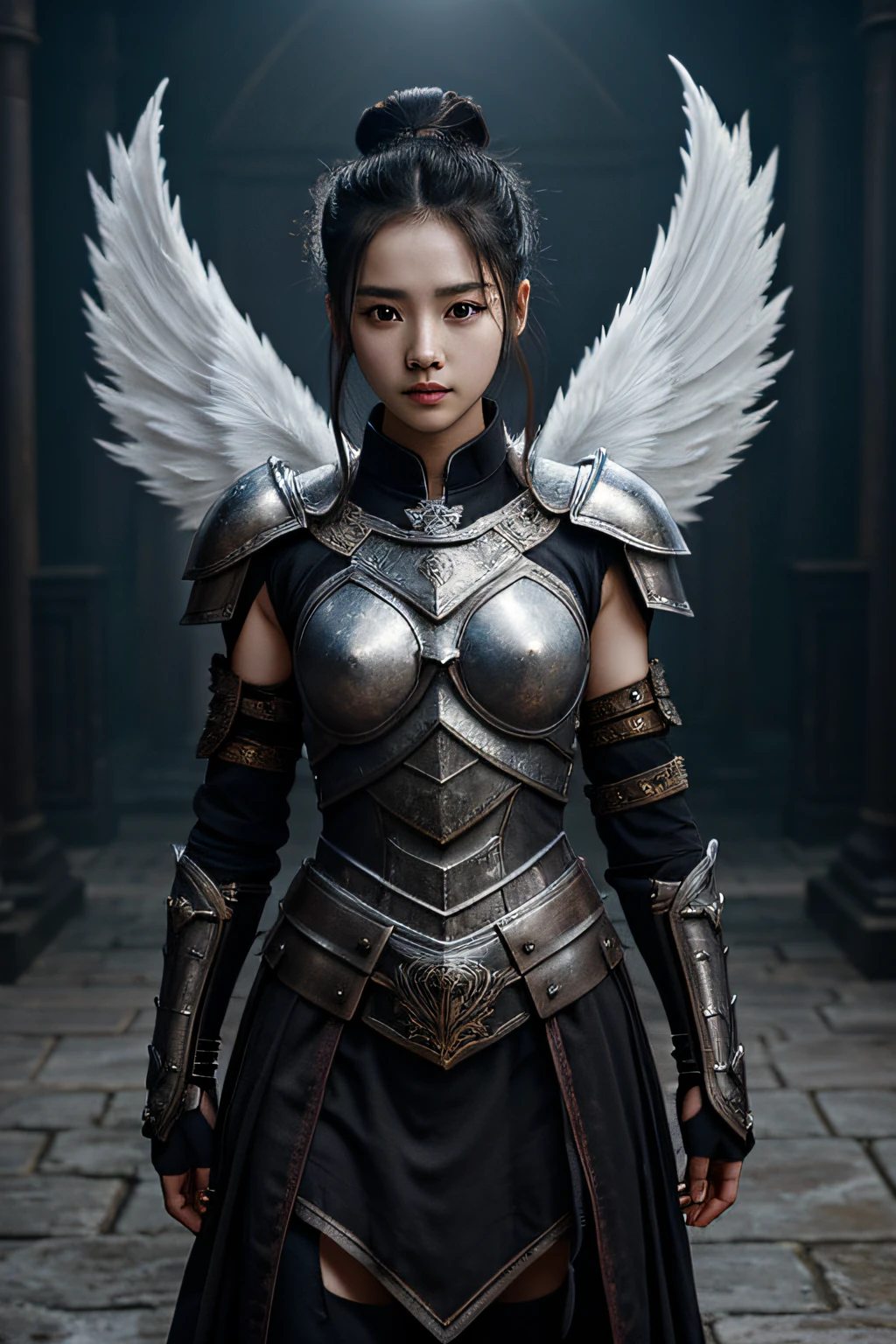 (warrior ancient dark armour),fight angel (white wings)with ouyang nana face(two bun hair),dark armour,photo hd,4k,8k