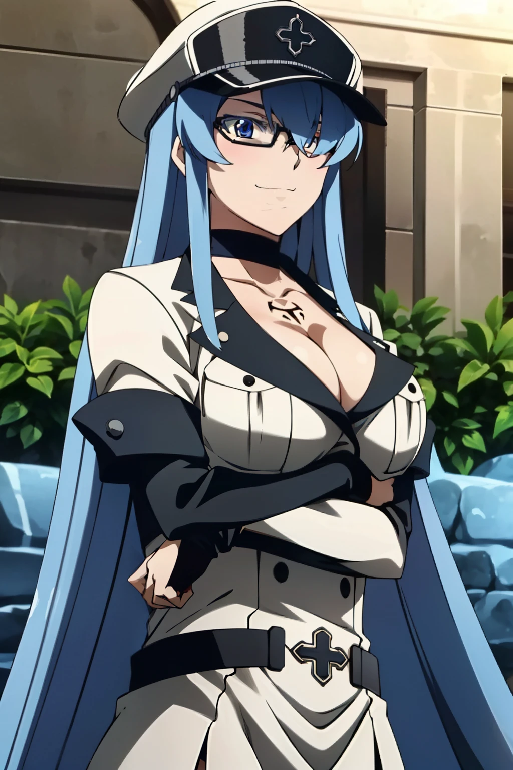 esdeath, breasts, smile, large_breasts, hat, cleavage, weapon, choker, sword, water, hair_over_one_eye, uniform, military, military_uniform, tattoo, crossed_arms, peaked_cap, chest_tattoo, (adjusting eyewear:1.2), multicolor outfit,