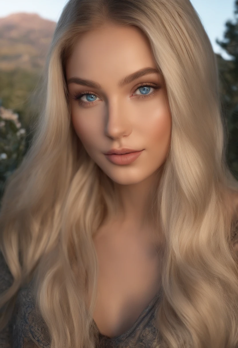 arafed woman fully , sexy girl with blue eyes, ultra realistic, meticulously detailed, portrait sophie mudd, blonde hair and large eyes, selfie of a young woman, bedroom eyes, violet myers, without makeup, natural makeup, looking directly at the camera, face with artgram, subtle makeup, in moutains , small to large size bust;