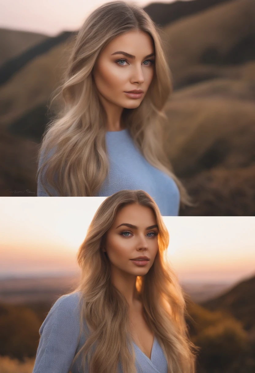 arafed woman fully , sexy girl with blue eyes, ultra realistic, meticulously detailed, portrait sophie mudd, blonde hair and large eyes, selfie of a young woman, bedroom eyes, violet myers, without makeup, natural makeup, looking directly at the camera, face with artgram, subtle makeup, in moutains , small to large size bust;