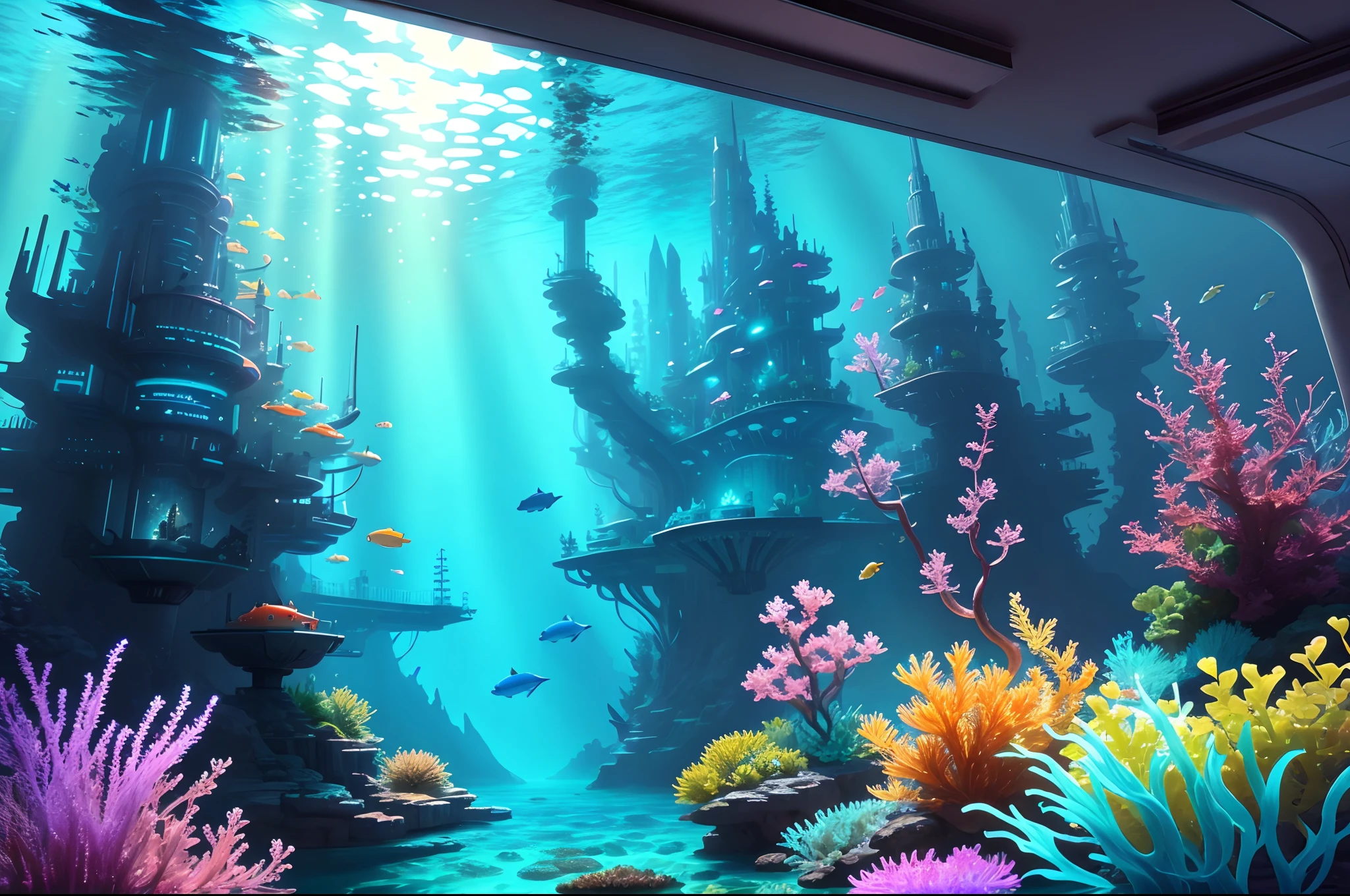 ((Need)), ((tmasterpiece)), (A detailed))，marvel universe，There is a large underwater futuristic wonderland，There are a lot of colorful fish inside, an underwater city, futuristic underwater metropolis, an underwater city, Underwater market, Colorful underwater creatures，Colorful tropical fish，light  leaks，depth of fields，Amazing scenery，deep sea cyberpunk, cyberpunk atlantis, Stylized urban fantasy artwork, underwater environment, 8 K high detail concept art, undersea environment, author：Dan Christensen, Concept art wallpaper 4K, concept art 8 k, author：Alexander Kucharisky