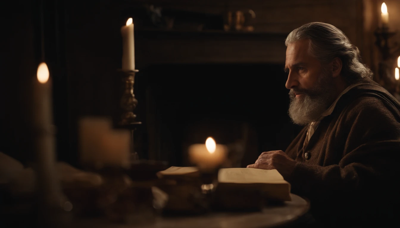 paulo, apostolo de jesus cristo escrevendo uma carta em um pergaminho. ele usa uma pena para escrever