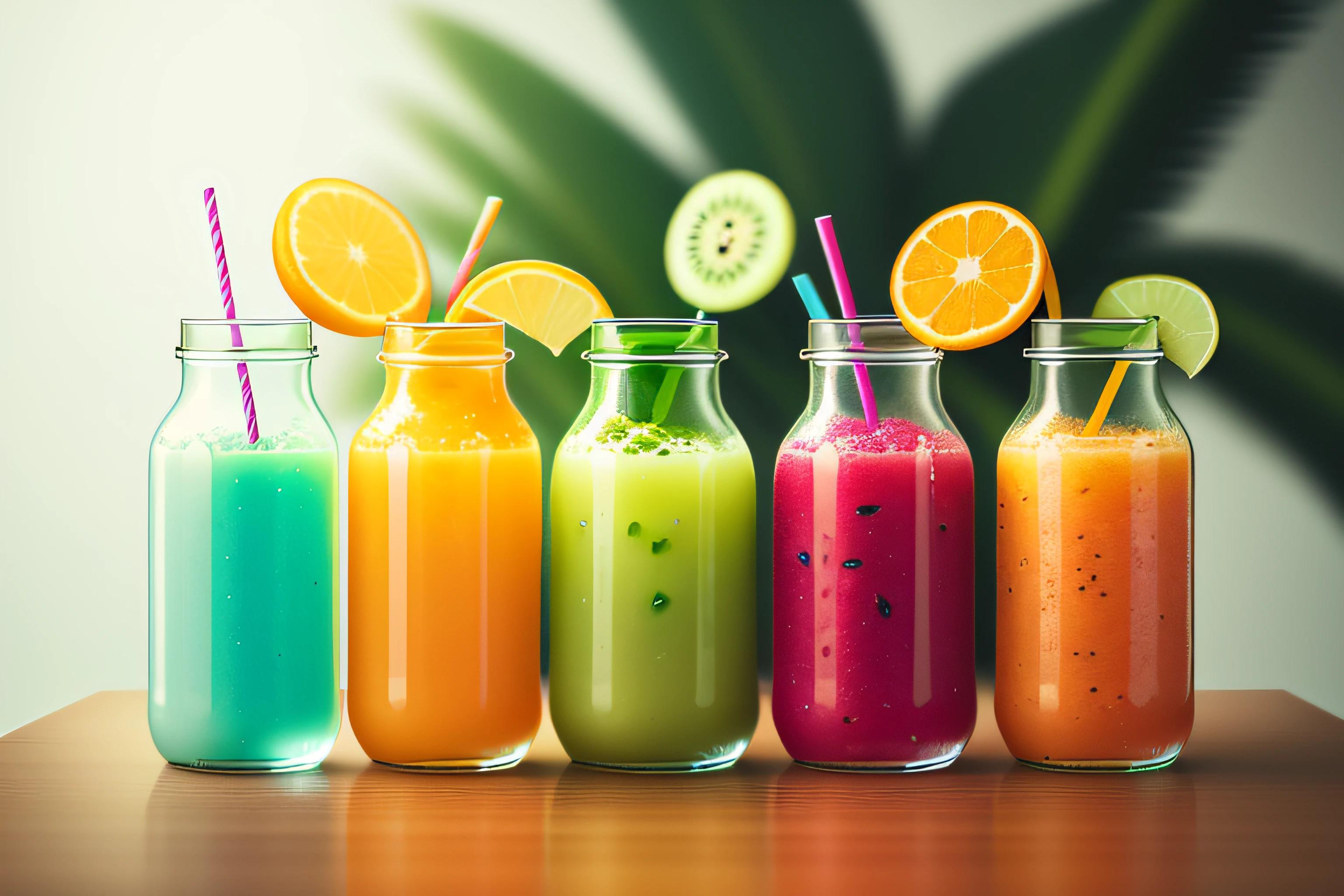 Various types of glass jars, fruits, juices, cocktails and teas, colorful, well organized, neatly arranged, tropical blurred background, HD, Masterpiece, Super Detail, (Best Quality, High Resolution), realistic, Ultra HD, 32K, cgStation Pop