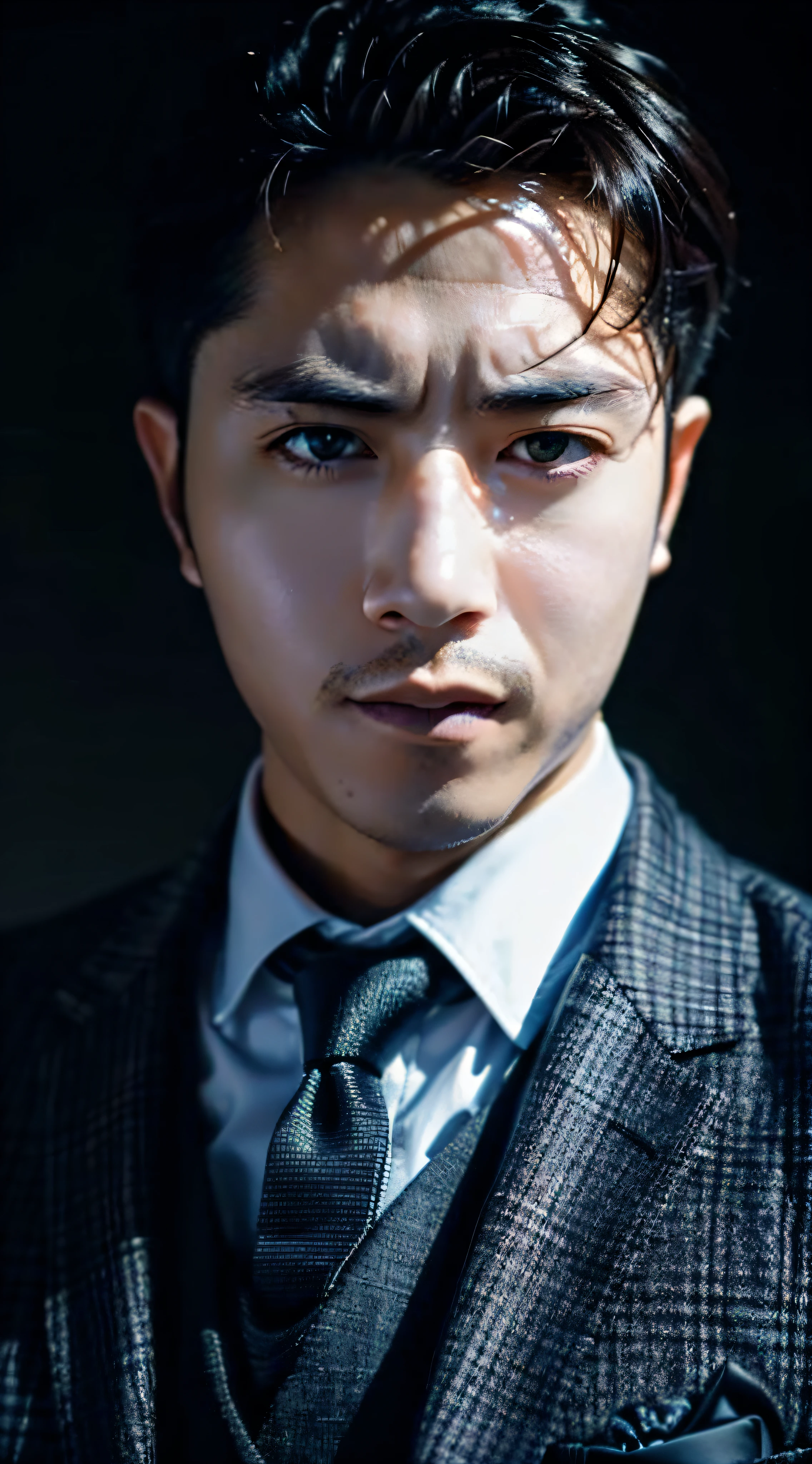 Portrait of a man in a suit and tie，deep dark background, Male portrait, handsome detailed face, handsome stunning realistic, Realistic moody facial lighting, epic and classy portrait, cinematic realistic portrait, Handsome male, extremely detailed man, Anime portrait of a handsome man