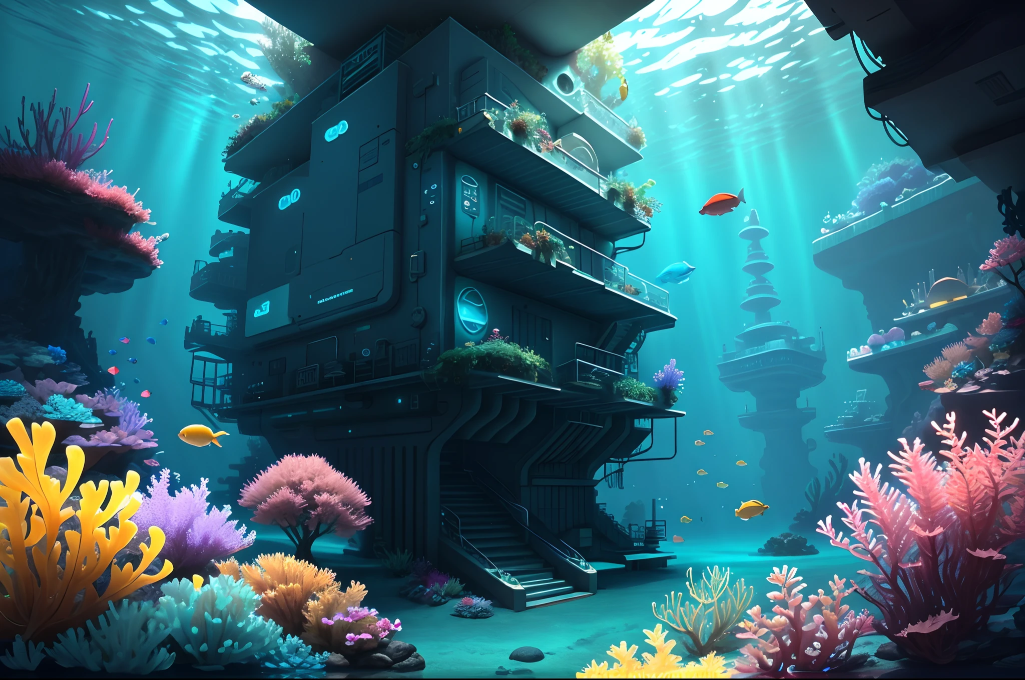 There is a large underwater futuristic wonderland underwater，There are a lot of colorful fish inside, an underwater city, futuristic underwater metropolis, an underwater city, Underwater market, Colorful underwater creatures，Colorful tropical fish，light  leaks，depth of fields，Amazing scenery，deep sea cyberpunk, cyberpunk atlantis, Stylized urban fantasy artwork, underwater environment, 8 K high detail concept art, undersea environment, author：Dan Christensen, Concept art wallpaper 4K, concept art 8 k, author：Alexander Kucharisky