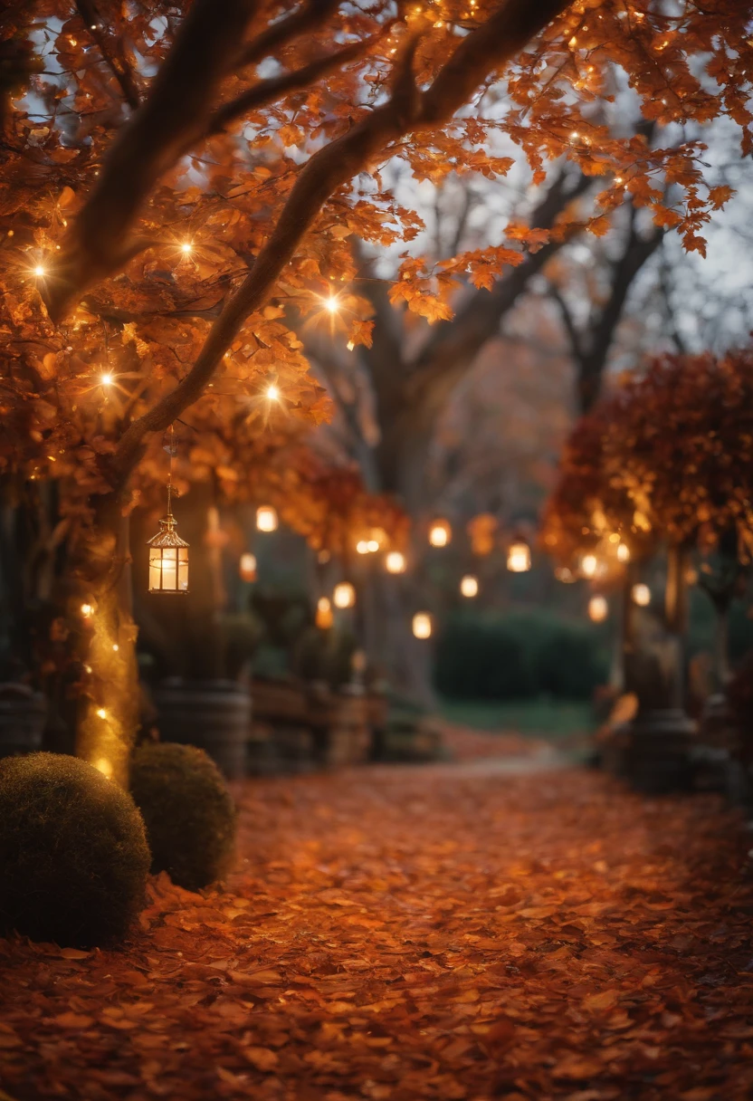 Por favor, crie uma imagem realista de um jardim encantado de natal, com luzes decoradas, Decorated trees and christmas elements, esquilos, Gift boxes and dried autumn leaves on the ground.