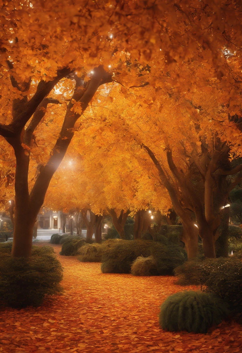 Por favor, crie uma imagem realista de um jardim encantado de natal, com luzes decoradas, Decorated trees and christmas elements, esquilos, Gift boxes and dried autumn leaves on the ground.