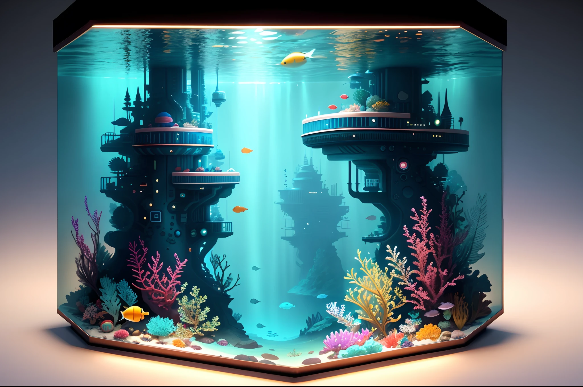 There is a large underwater futuristic wonderland underwater，There are a lot of colorful fish inside, an underwater city, futuristic underwater metropolis, an underwater city, Underwater market, Colorful underwater creatures，Colorful tropical fish，light  leaks，depth of fields，Amazing scenery，deep sea cyberpunk, cyberpunk atlantis, Stylized urban fantasy artwork, underwater environment, 8 K high detail concept art, undersea environment, author：Dan Christensen, Concept art wallpaper 4K, concept art 8 k, author：Alexander Kucharisky