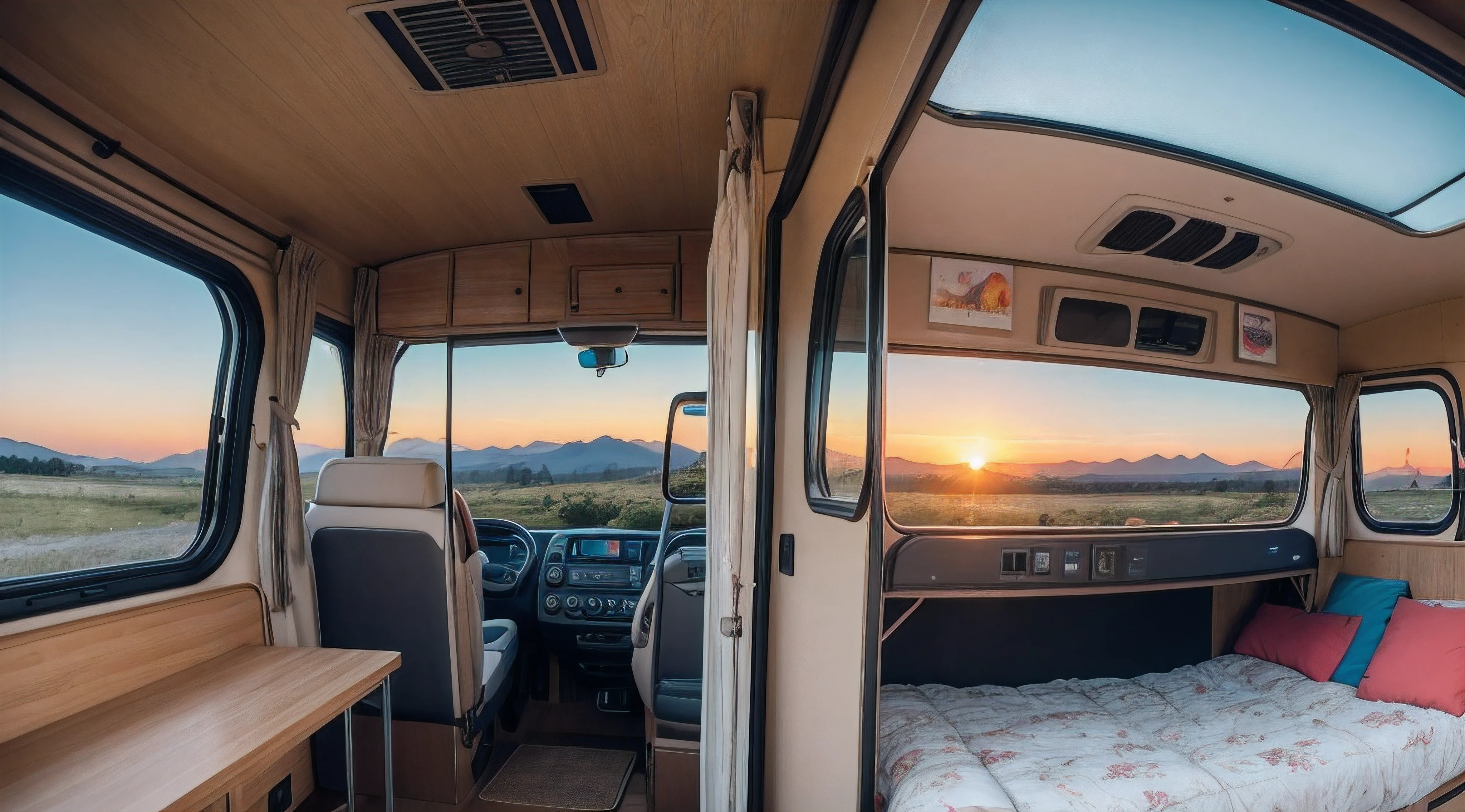 best quality, ultra-detailed, realistic,high-res, photo-realistic:1.37, motor home, traveling scene, colorful, daylight, scenic landscape, sunny weather, highway driving, family vacation, big camper vehicle, spacious interior, luxurious amenities, nature exploration, open road, mountain view, adventure, relaxing atmosphere, camping equipment, outdoor activities, cozy seating area, bunk beds, kitchenette, comfortable bed, home away from home, modern design, large windows, retro vibes, stunning sunset, expansive sky, rolling hills, serene environment, road trip memories, lifelong experiences