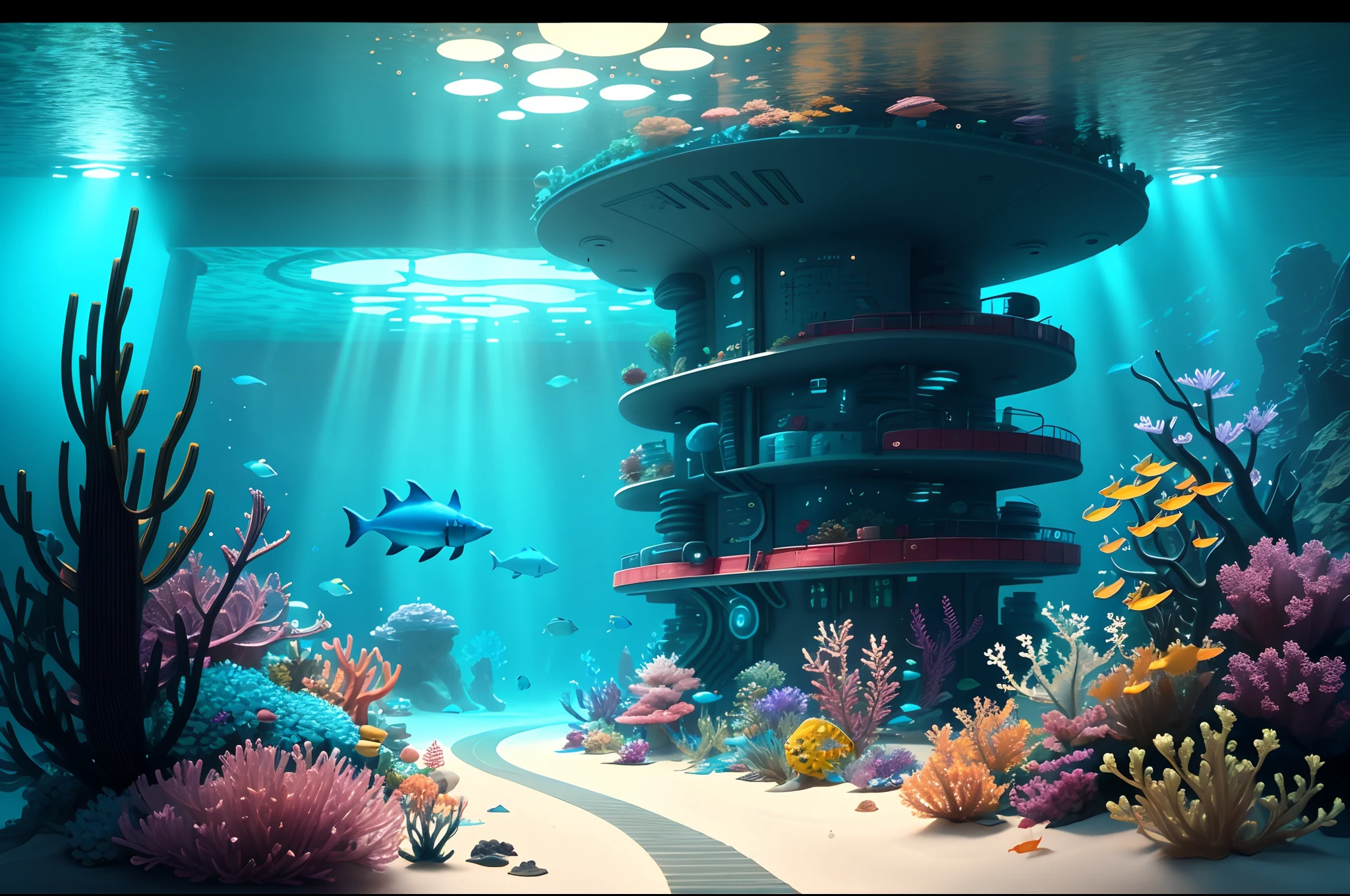 There is a large underwater futuristic wonderland underwater,There are a lot of colorful fish inside, an underwater city, futuristic underwater metropolis, an underwater city, Underwater market, Colorful underwater creatures,Colorful tropical fish,light leaks,depth of fields,Amazing scenery,deep sea cyberpunk, cyberpunk atlantis, Stylized urban fantasy artwork, underwater environment, 8 K high detail concept art, undersea environment, author:Dan Christensen, Concept art wallpaper 4K, concept art 8 k, author:Alexander Kucharisky