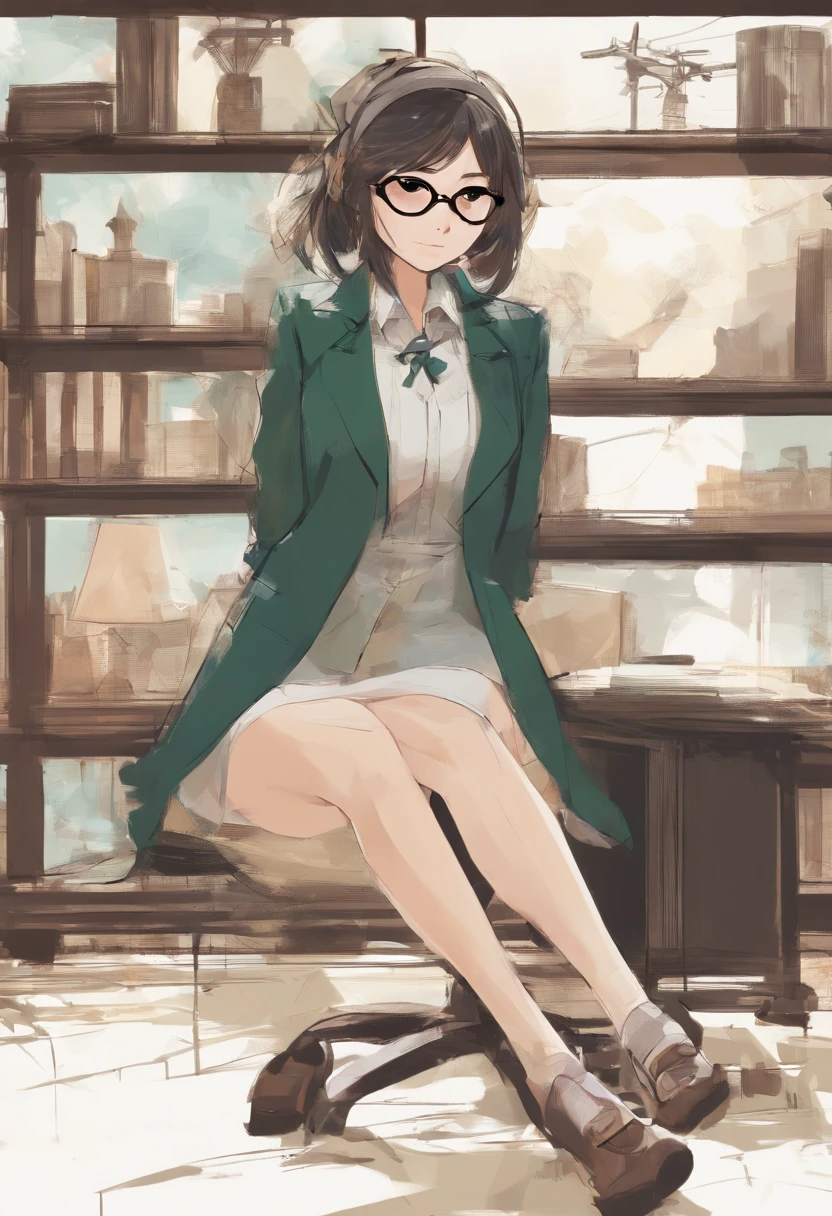 Beautiful Japanese woman in golf suit, Real Human, Detailed body, crouched, Live action, Glasses, Skirt flipping up, Office Lady