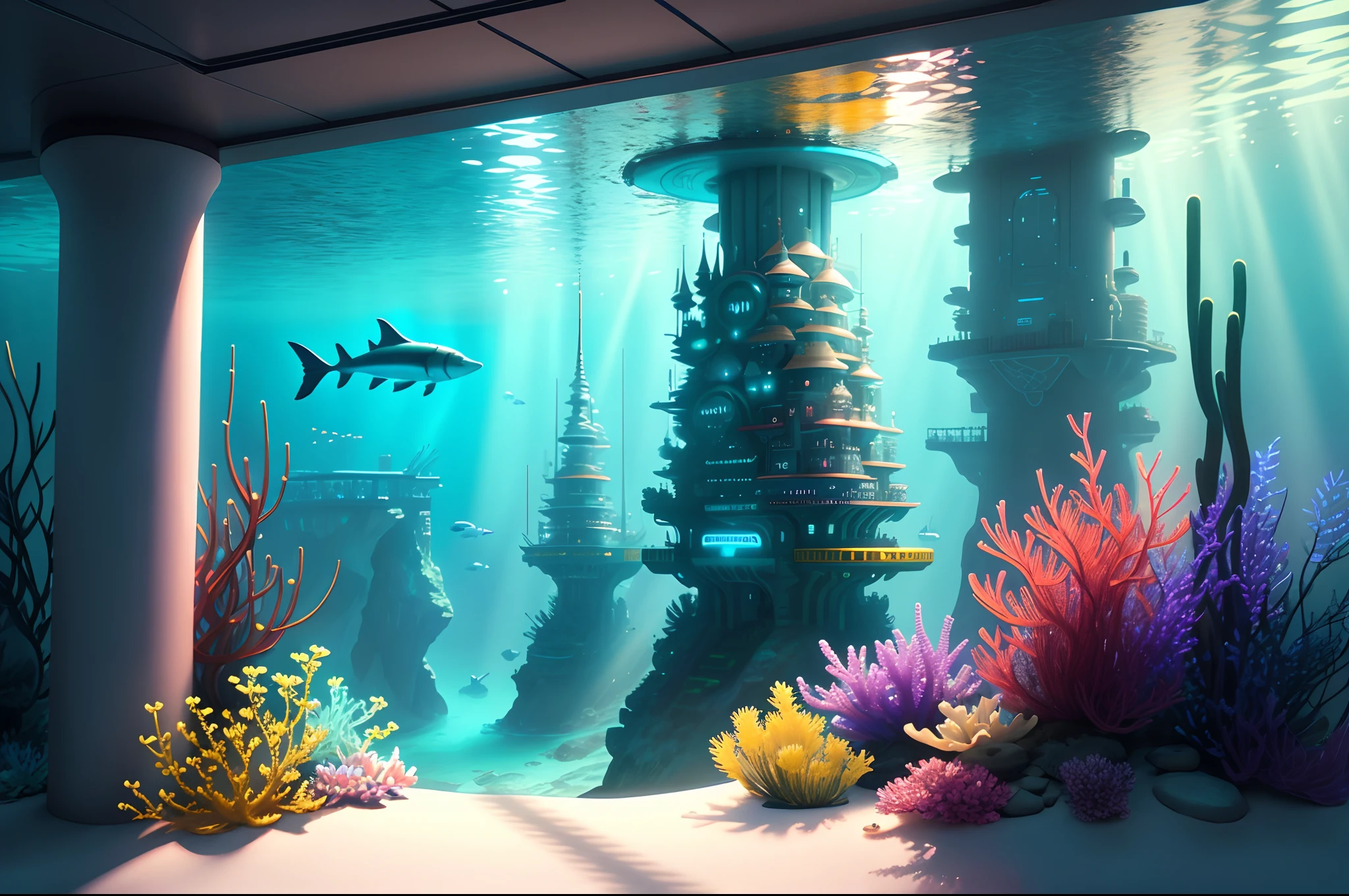 There is a large underwater futuristic wonderland underwater，There are a lot of colorful fish inside, an underwater city, futuristic underwater metropolis, an underwater city, Underwater market, Colorful underwater creatures，Colorful tropical fish，light  leaks，depth of fields，Amazing scenery，deep sea cyberpunk, cyberpunk atlantis, Stylized urban fantasy artwork, underwater environment, 8 K high detail concept art, undersea environment, author：Dan Christensen, Concept art wallpaper 4K, concept art 8 k, author：Alexander Kucharisky