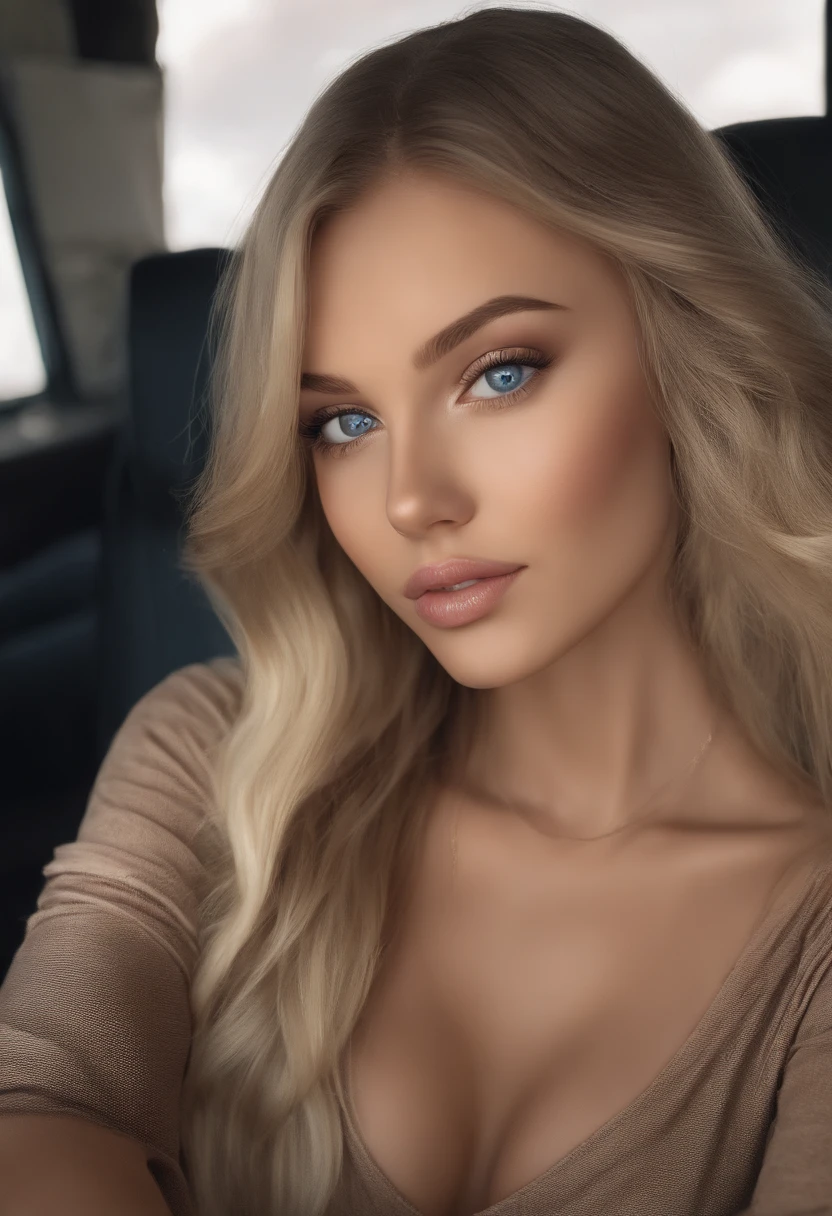 arafed woman fully , sexy girl with blue eyes, ultra realistic, meticulously detailed, portrait sophie mudd, blonde hair and large eyes, selfie of a young woman, bedroom eyes, violet myers, without makeup, natural makeup, looking directly at the camera, face with artgram, subtle makeup, in moutains , small to large size bus
