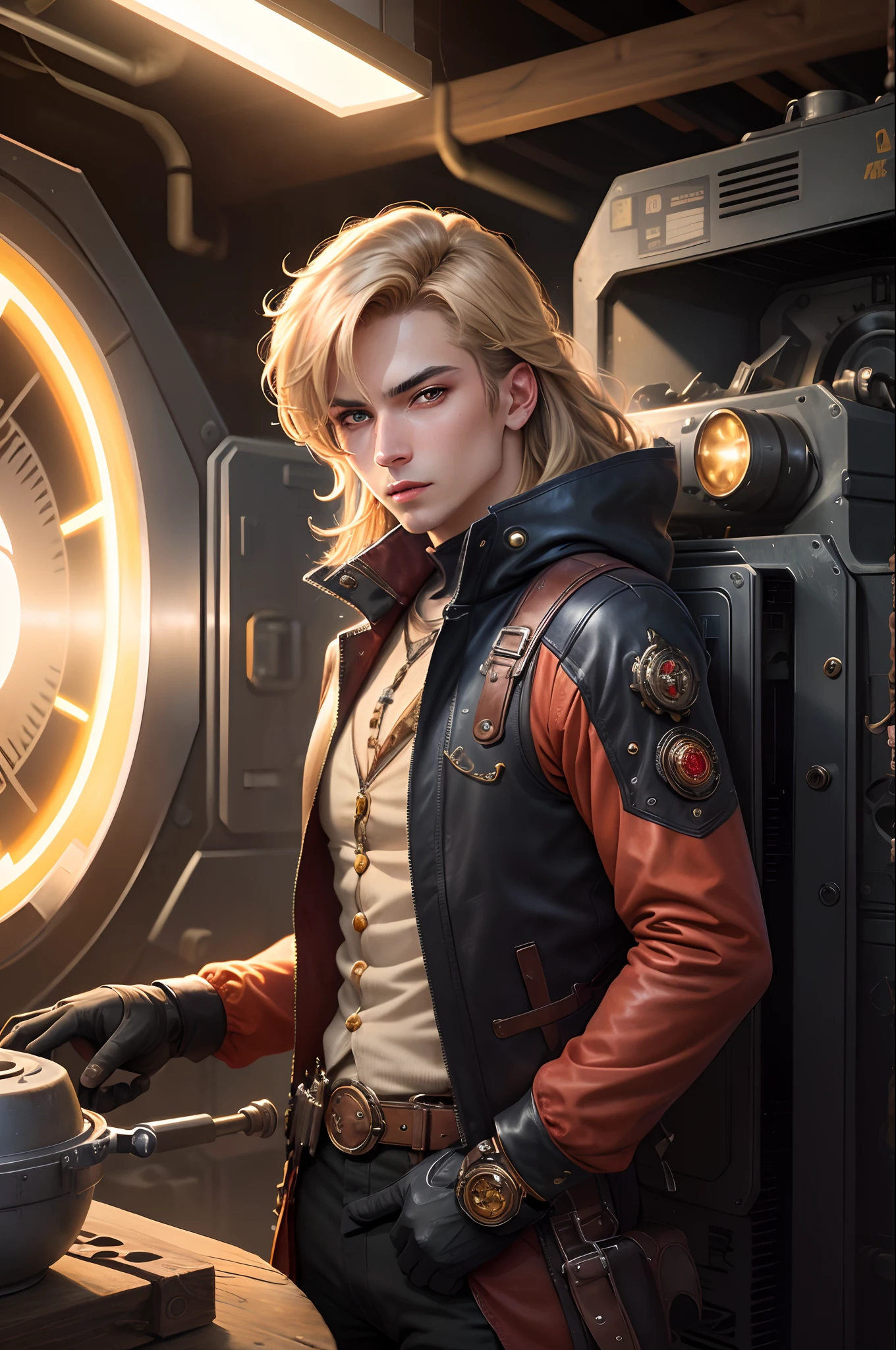 (absurdres, highres, ultra detailed), 1man, mature male, aged, long wavy hair, split-colored hair, heterochromia, bangs, long sleeves, finely detailed eyes and detailed face, extremely detailed CG unit 8k wallpaper, intricate details, (style-rustmagic: 0.8), (medieval cyborg: 0.8), portrait, (bloody wounds:0.7), looking at the viewer, solo, half shot, detailed background, (steampunk theme:1.1) determined expression, technomancer dark couds, floating lights, colorful leather vest with gears, techwear, jetpack, workshop in the background, machines, gears, steam, industry, technology, oven, dirt, anvil, buttons, levers, automaton, electricity, electric sparks epic atmosphere,, portrait