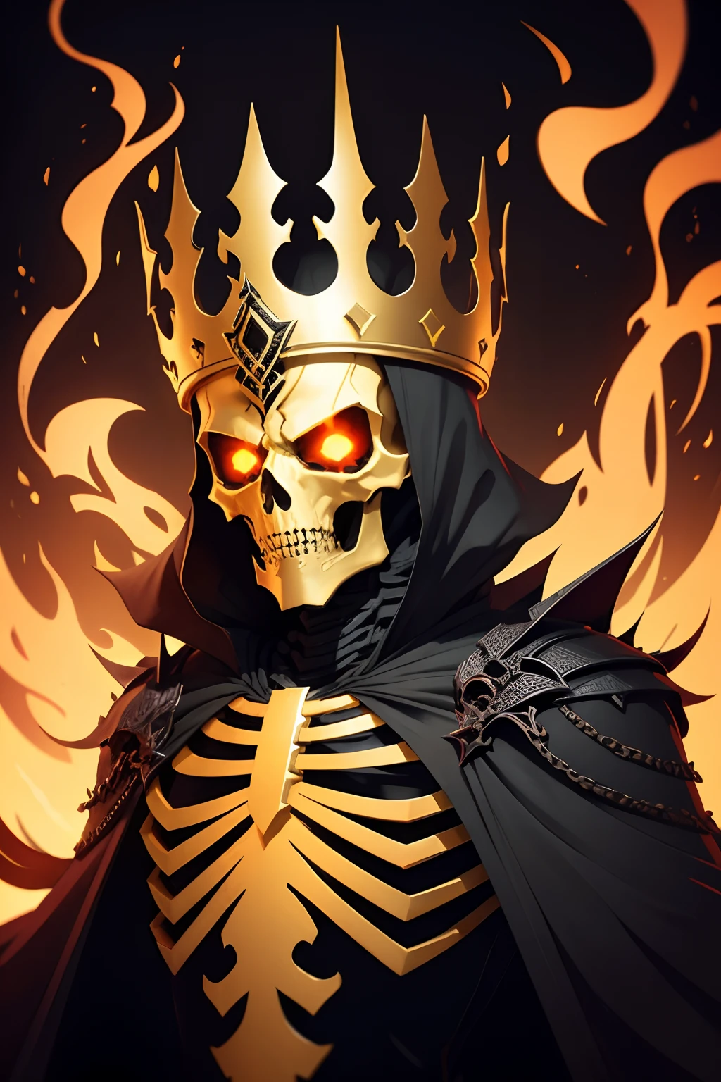 Ancient skeleton demon king, vector short design, gold outline, 4k, black background
