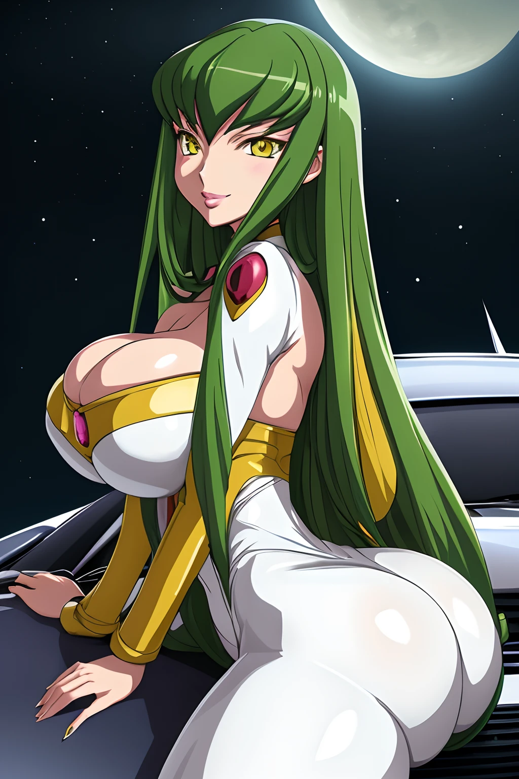 Code Geass anime style, code geass, C.C, 1girl, (((bimbo))), long green hair, yellow eyes, puffy lips, thick lips, wide hips, thick thighs, big breast, huge ass, revealing cleavage, erotic, Smile face, bubble butt, camel toe, Breasts, white suit, sitting on car hood, night time,