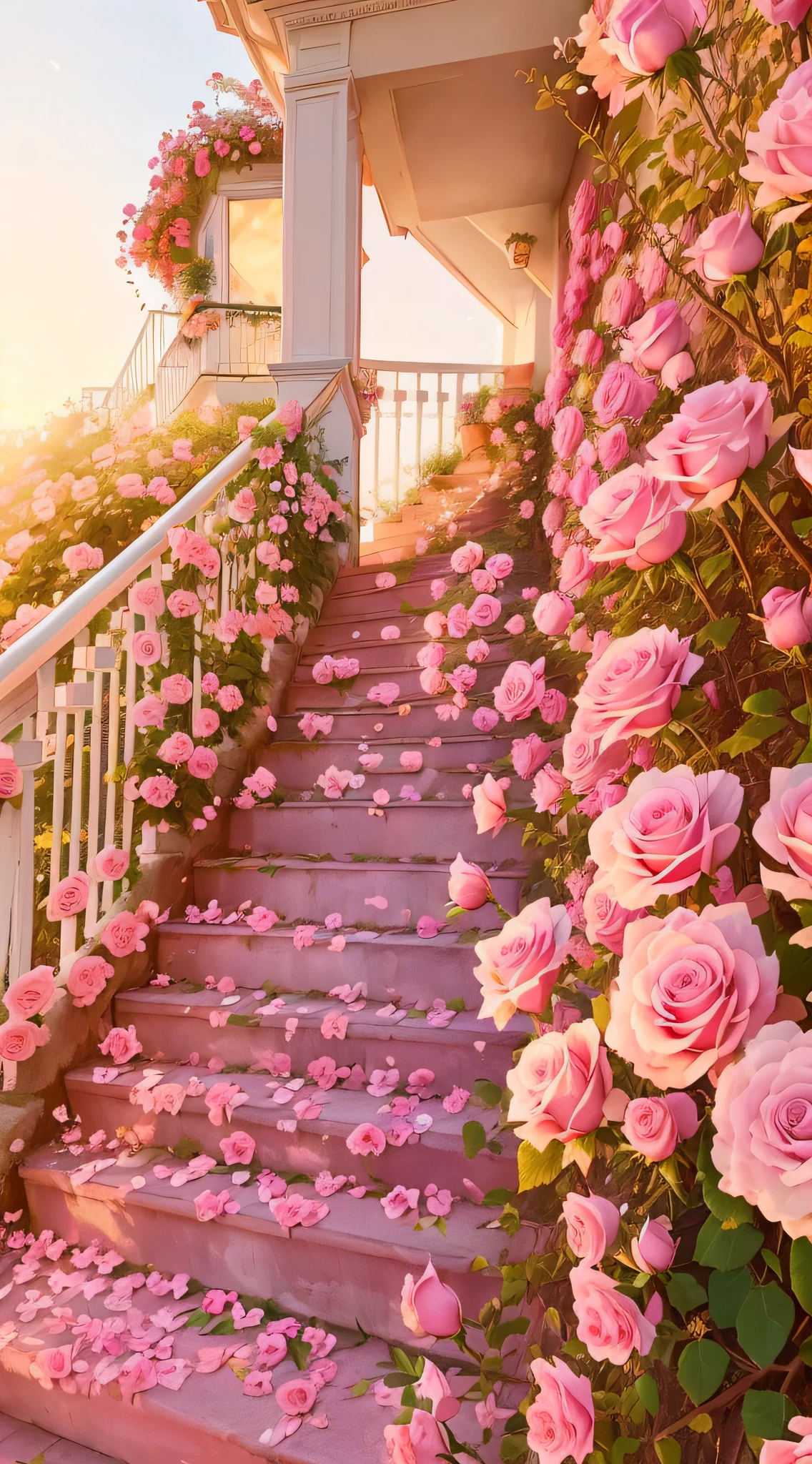 Pink roses grow on the steps leading to the house, Beautiful and aesthetic, rosses, pink golden hour, Pink flowers, beautiful aesthetic, Beautiful flowers, with soft pink colors, nature and floral aesthetics, rosette, pink hues, leading to a beautiful, Flowers!!!!, shades of pink, Beautiful nature, ❤🔥🍄🌪, dreamy aesthetic