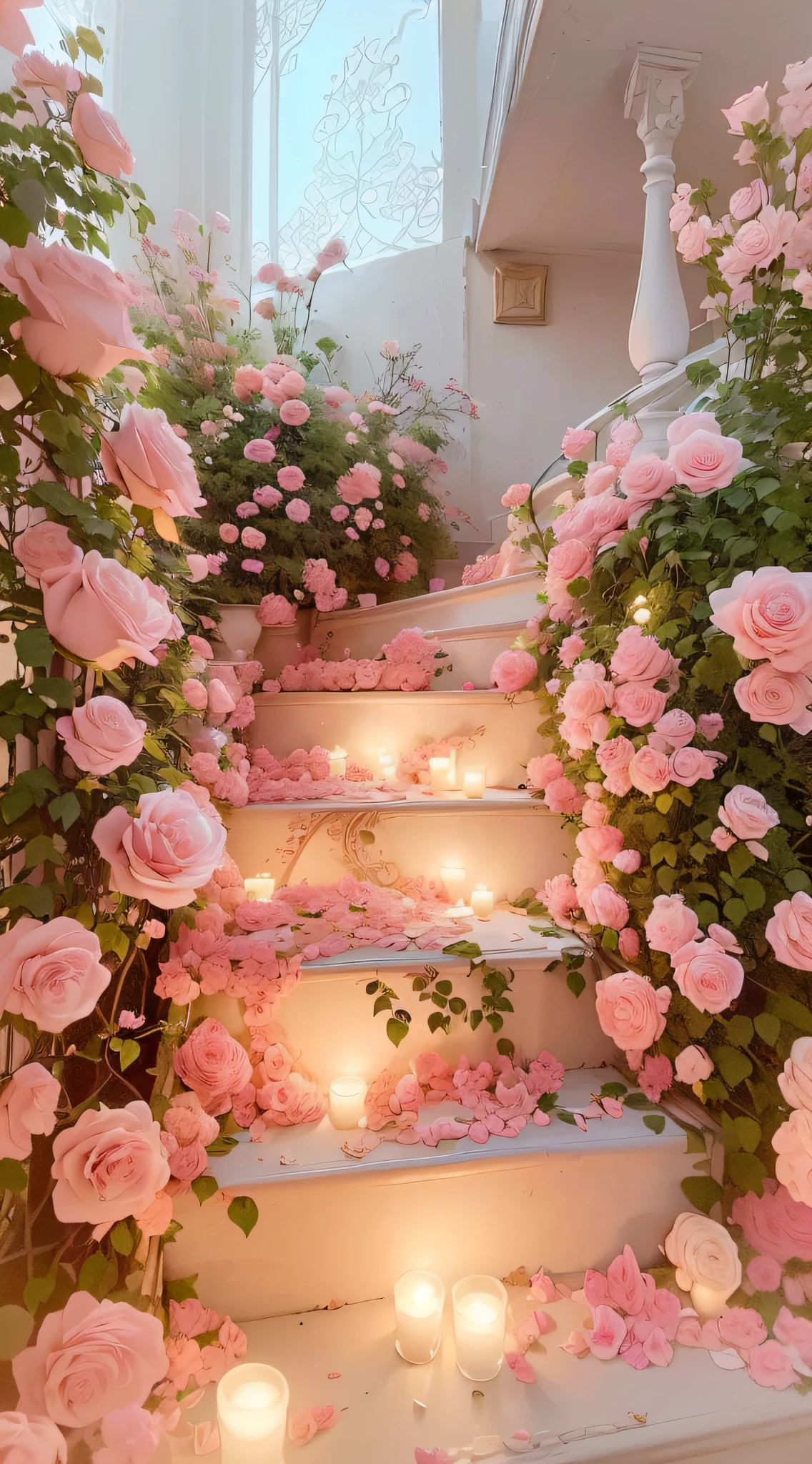 Close up of stairs with pink roses and candles, rose pink lighting, with soft pink colors, Beautiful and aesthetic, portal made of roses, rosses, romantic motifs, rosette, dreamy aesthetic, roses in cinematic light, beautiful aesthetic, Magical flowers, Glowing flowers, dreamy and romantic, Luminous flowers, Pink flowers, rose background, Decorated with flowers