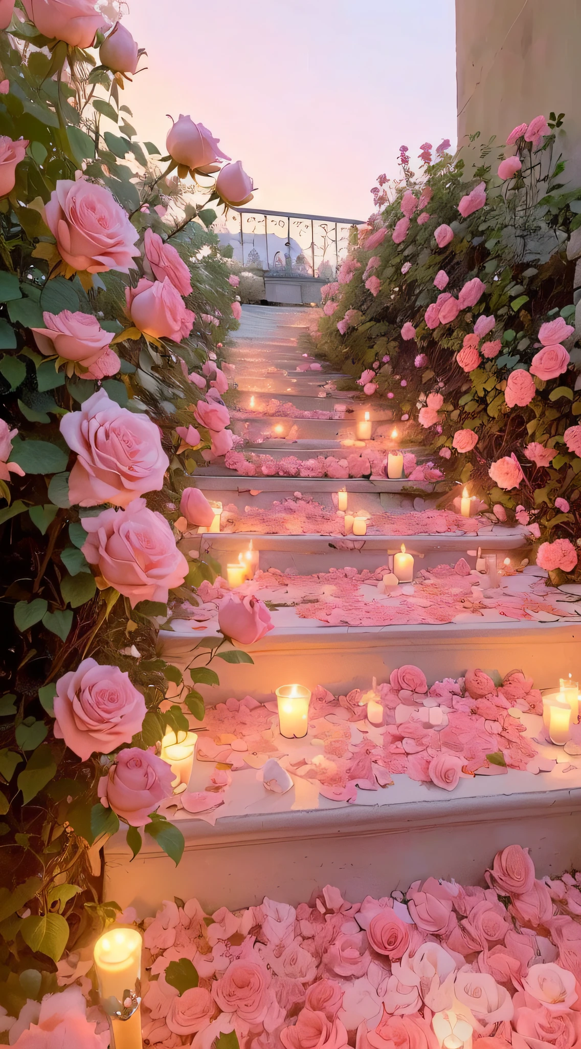 Many candles were lit on the steps, rosses, Beautiful and aesthetic, rosette, beautiful aesthetic, romantic motifs, with soft pink colors, rose pink lighting, big breasts beautiful, dreamy aesthetic, dreamy and romantic, beautiful ambiance, beutifull, beautiful ambiance, Beautiful image, portal made of roses, Beautiful, ❤🔥🍄🌪