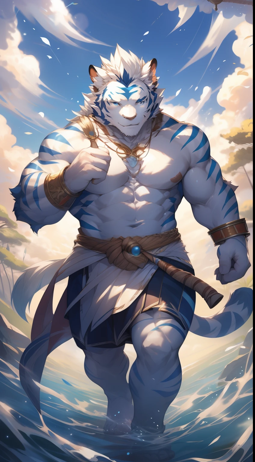 (by null-ghost, by thebigslick, By Darkgem, by Honovy), Kogenta (Onmyoji Oyamaji Temple), high-definition photograph, Perfect anatomy, Anthropomorphic white tiger,Fengshin,36 years old,Bare upper body,The pectorals and abs are very strong,White fur,blue color eyes,Mysterious Expression,Blue lightning tattoo on the chest,Suspended in the air,At your feet is the forest,dressed white hanfu,The barefoot,Gold wristband,There is a halo on the top of the head,Blue electricity surrounds the body,Flowing clouds fly,White streamers fly,Background of the sky,Divine brilliance,full body shot of,top-down view, eastern style,realisticlying,Impressive,Perfect anatomy,depth of fields,Epic atmosphere