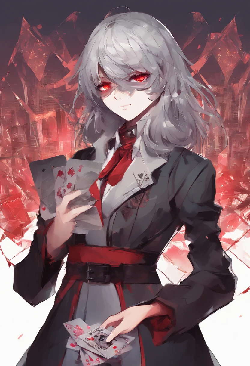 anime  girl gambler with red eyes her hands are not visible but cards float around her. She wears phantom theif style clothing such as fancy trenchcoat, she has messy shoulder length hair