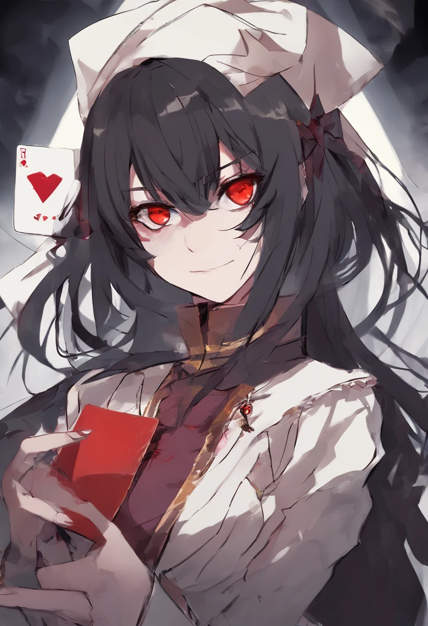 anime girl gambler with red eyes holding a cards in both her hands. She wears phantom theif style clothing such as fancy trenchcoat, she has messy shoulder length hair