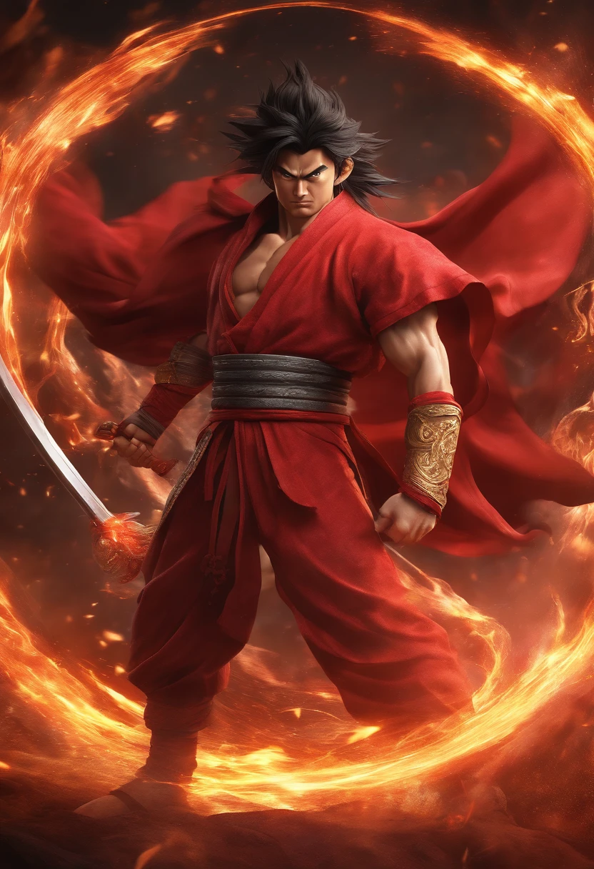 Goku as Chinese warrior in red robes, Dynasty warrior style, Elaborate and gorgeous CGI anime style, Luffy, 8K highly detailed digital effect fantasy, cgsociety 9, epic digital art illustration, and Mumford and Alex Gray style, Bio-luminescence